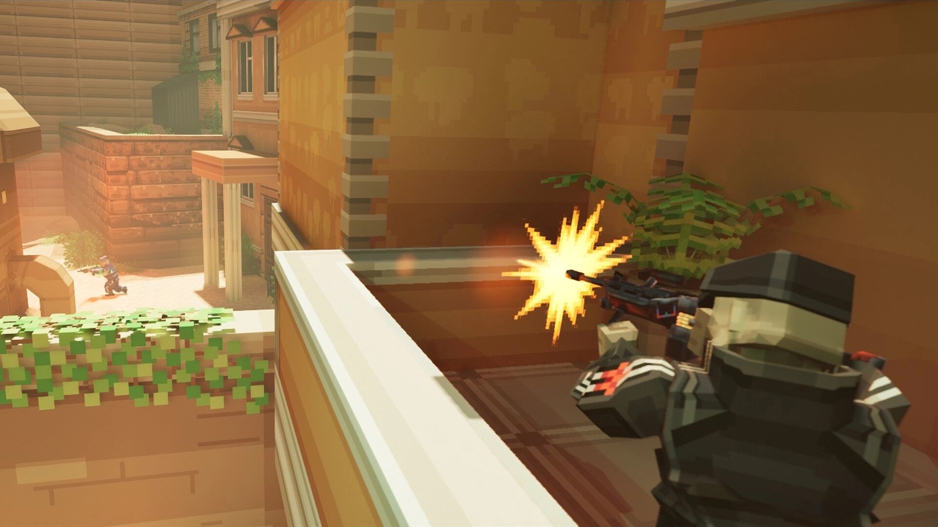 METACRAFT: Sniper aiming from balcony at enemy in blocky urban environment