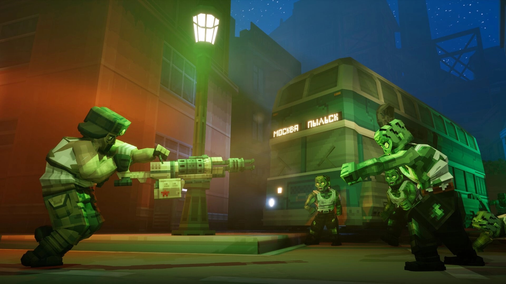 METACRAFT: Soldier with rifle confronts zombies near city bus under streetlights at night