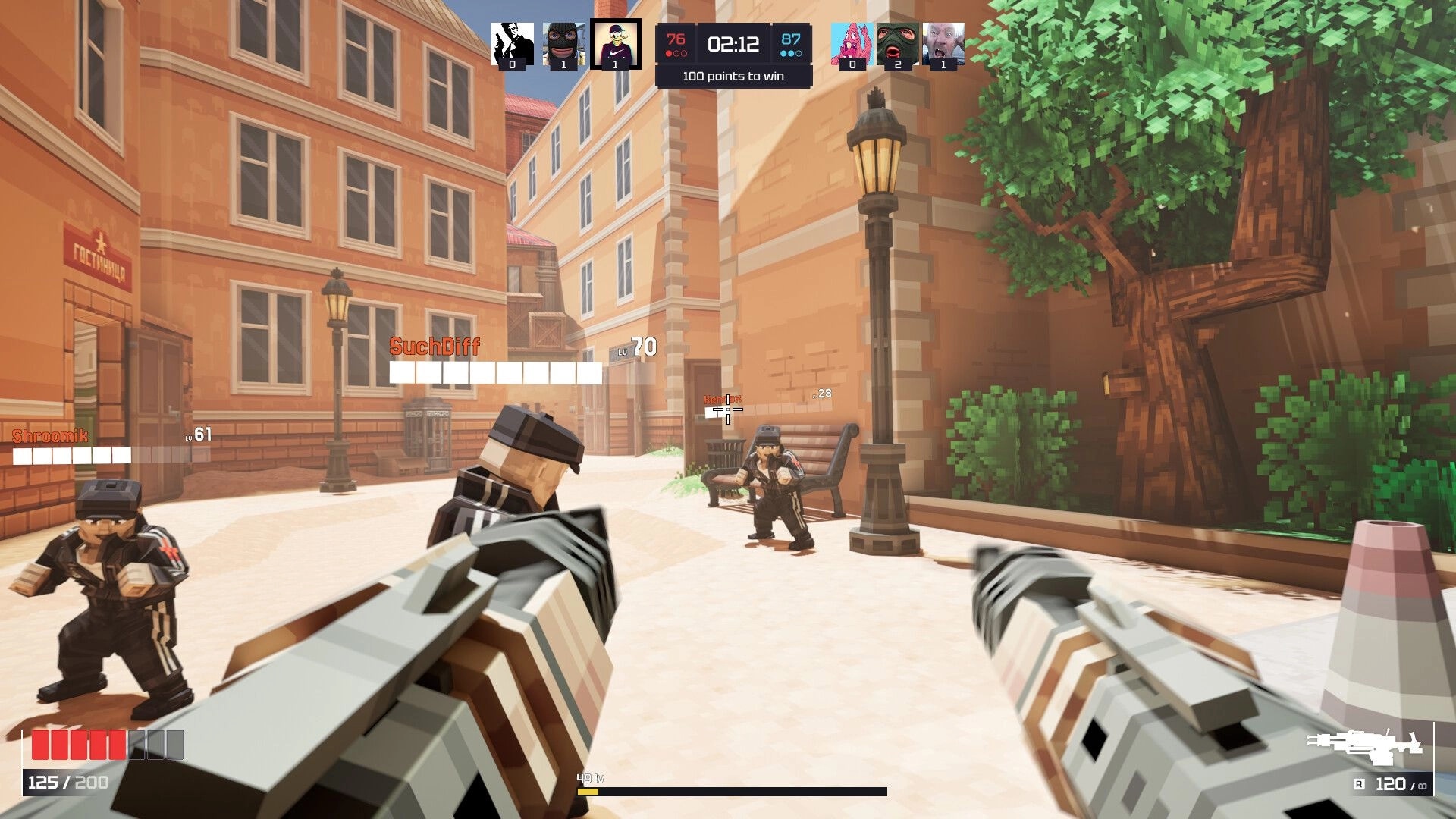 METACRAFT: First-person combat in urban courtyard with two players fighting near buildings and trees