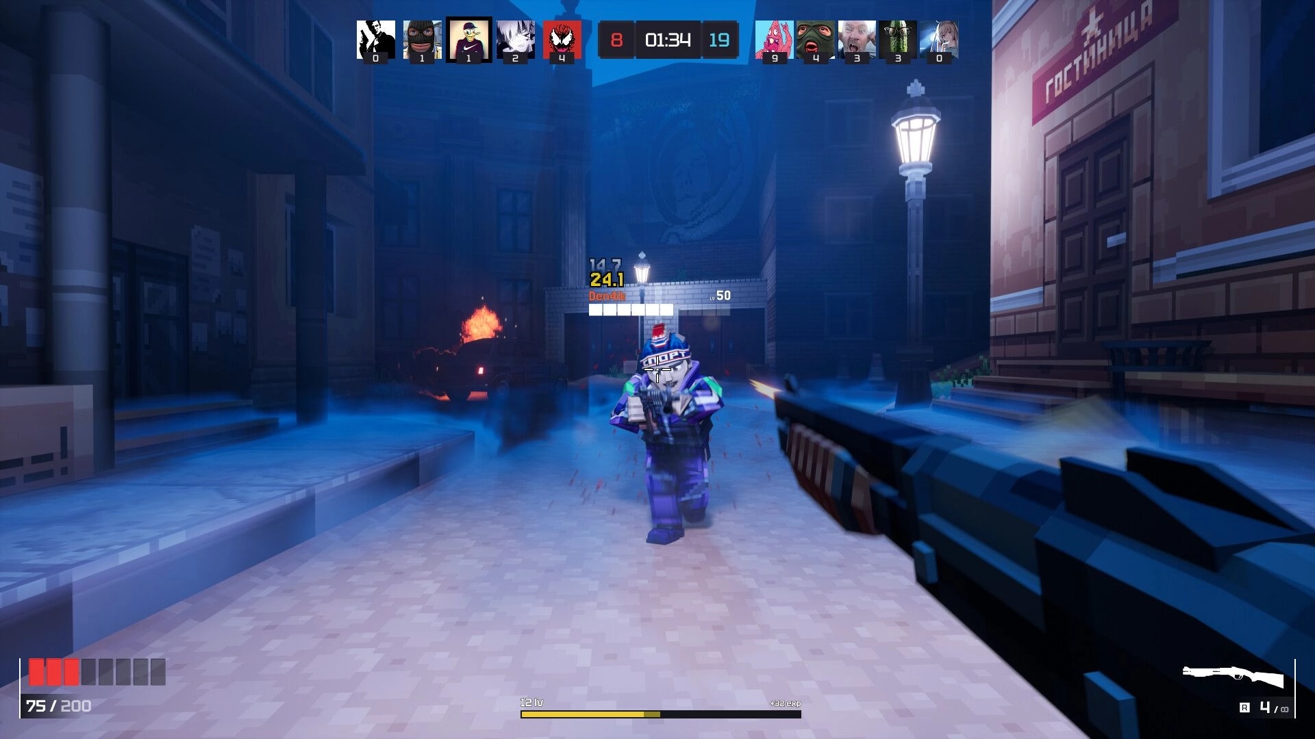 METACRAFT: Player aiming at enemy in urban night setting, with health bar and score visible on screen