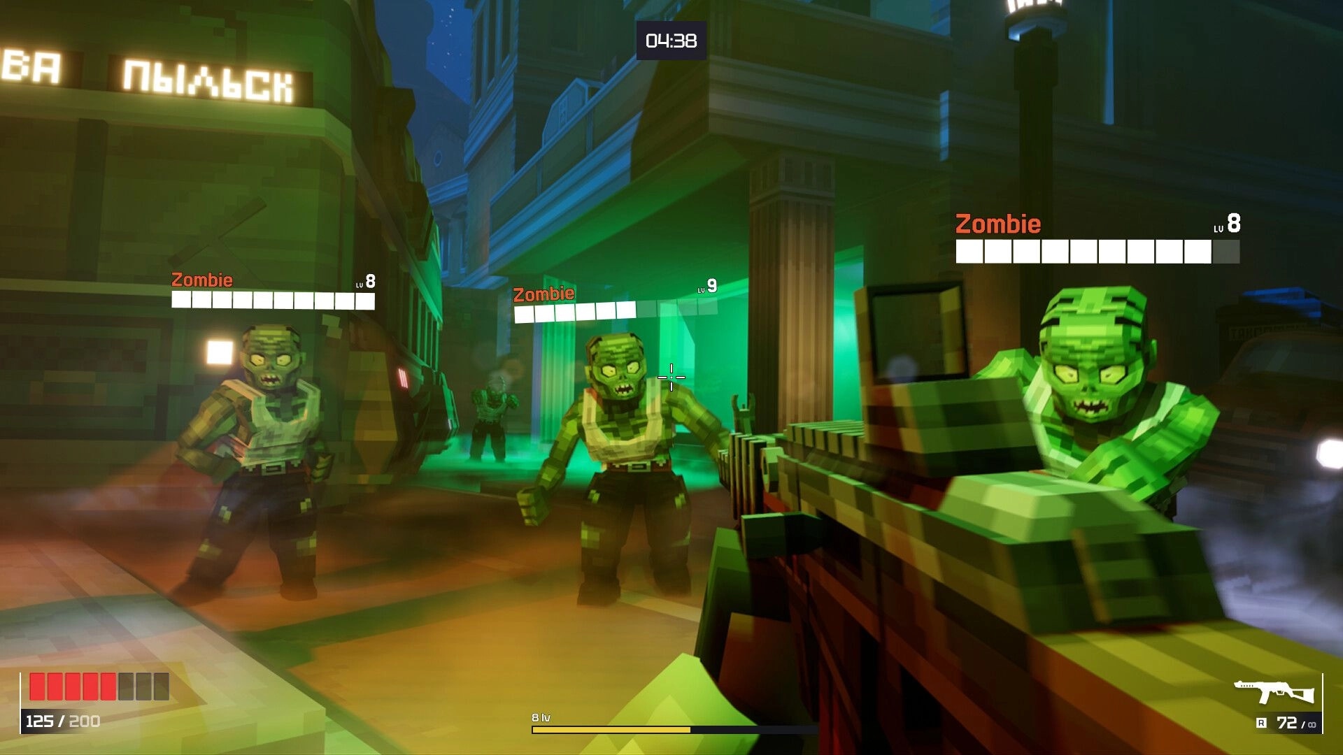 METACRAFT: First-person shooter with player aiming at attacking zombies in a neon-lit urban street