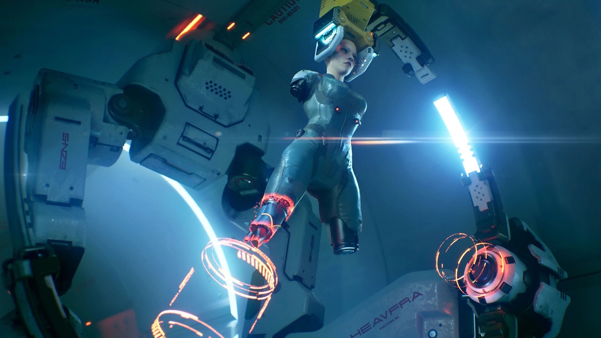 METAL EDEN: HYPER UNIT ASKA suspended in cybernetic chamber with glowing interfaces and robotic arms