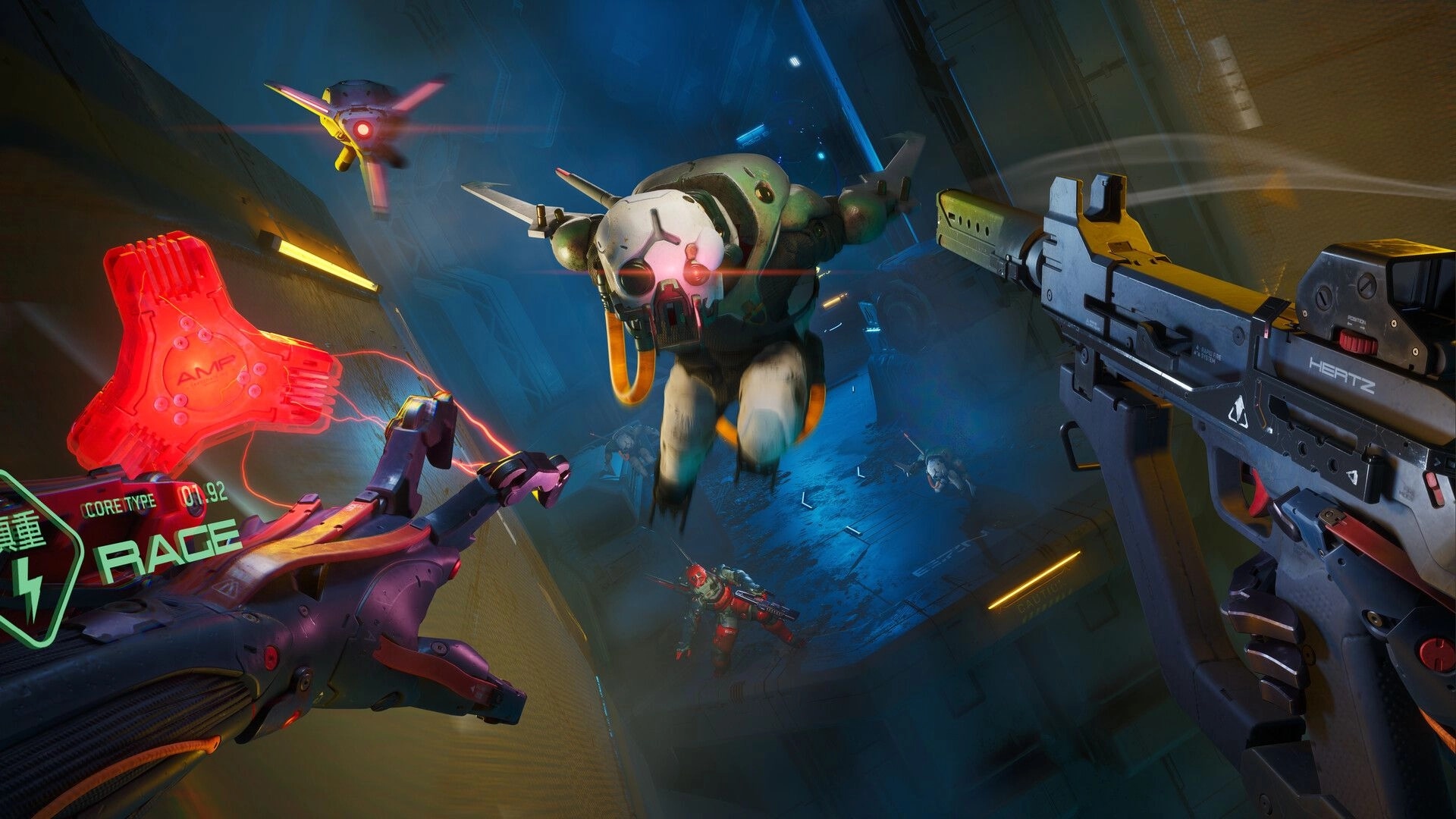 METAL EDEN: ASKA engages flying drones and ENGINEERS in a futuristic corridor with weapon interface HUD.