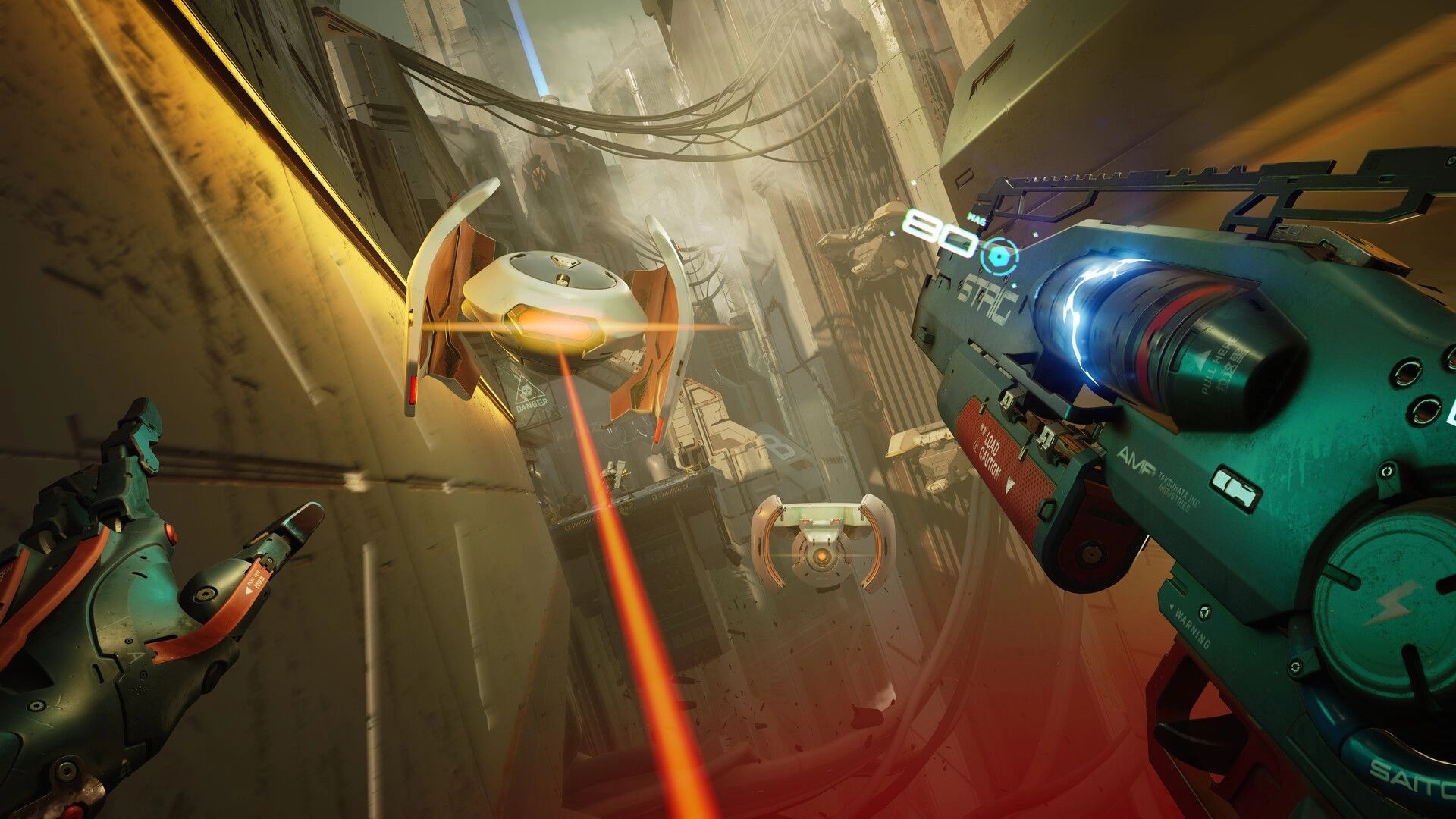 METAL EDEN: ASKA engages drones with energy weapon in narrow industrial corridor with cables above