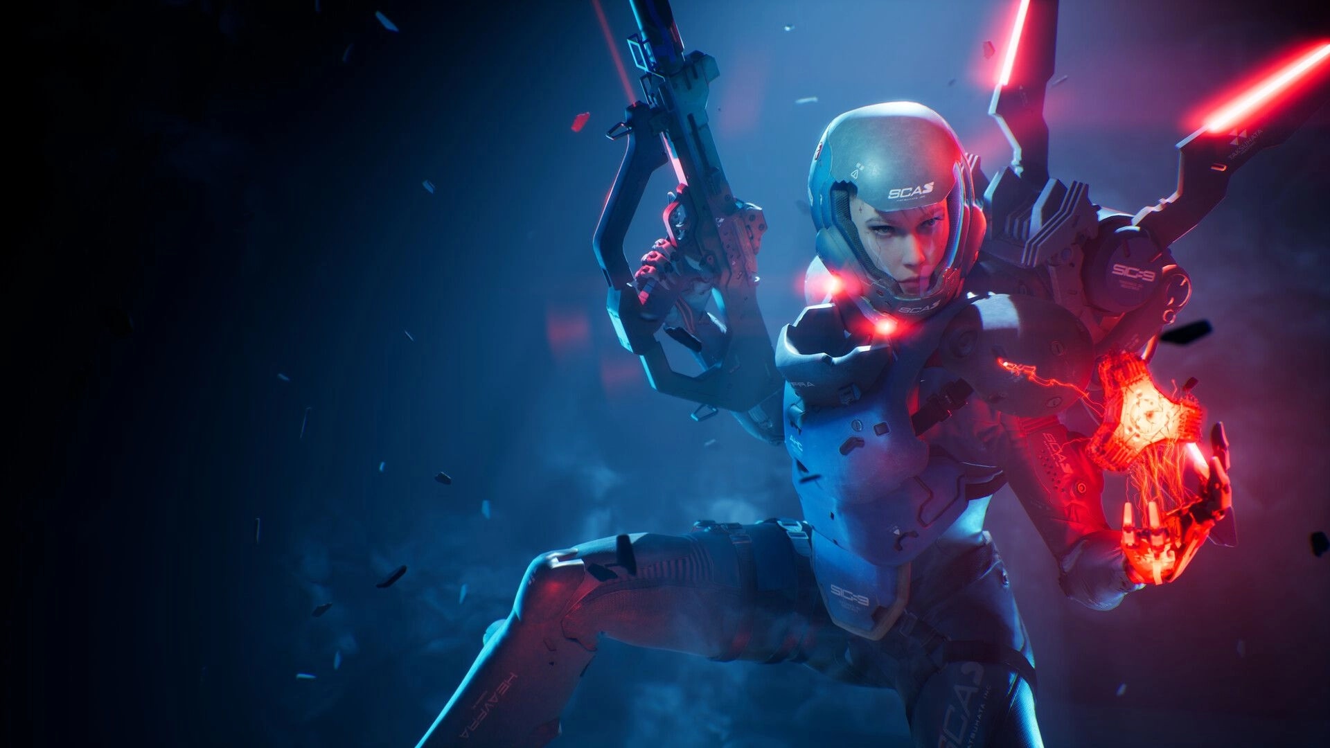 METAL EDEN: Hyper Unit ASKA in combat stance, wielding weapons in a neon-lit, futuristic environment.