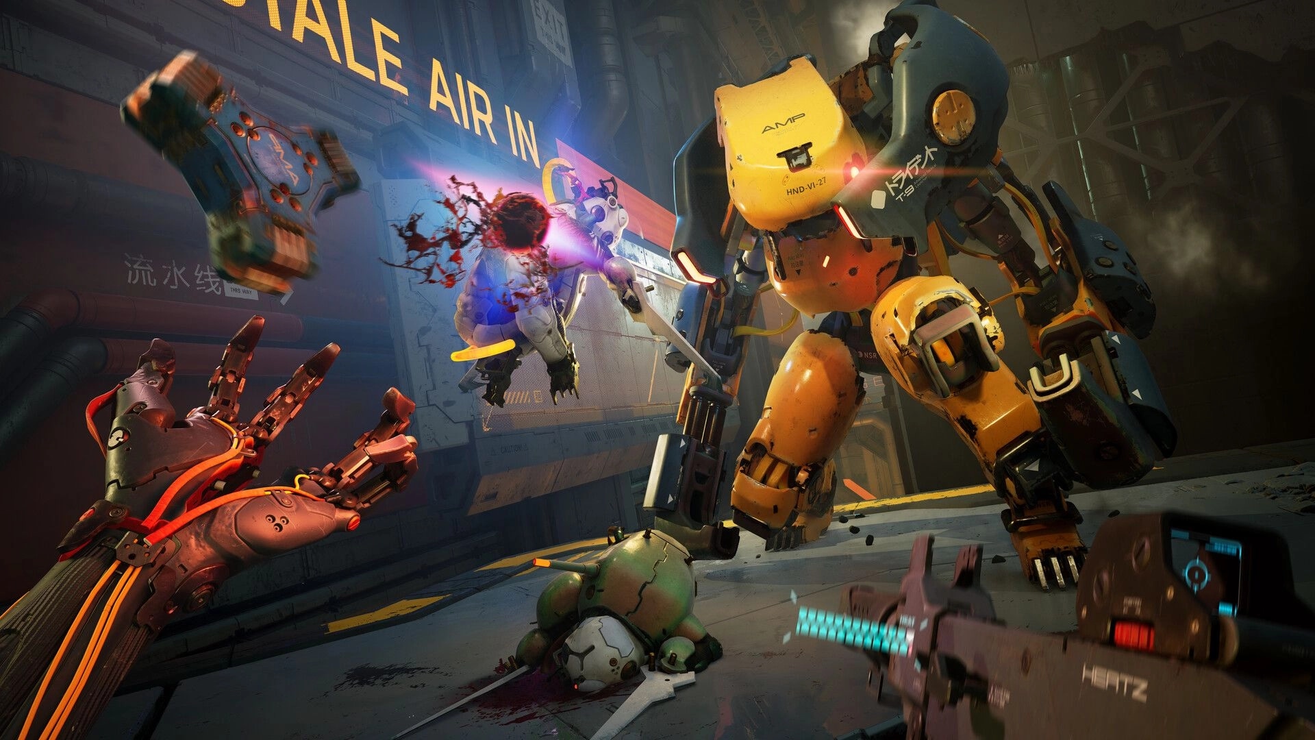 METAL EDEN: ASKA engages a massive robot enemy in a high-tech corridor with debris and digital HUD.