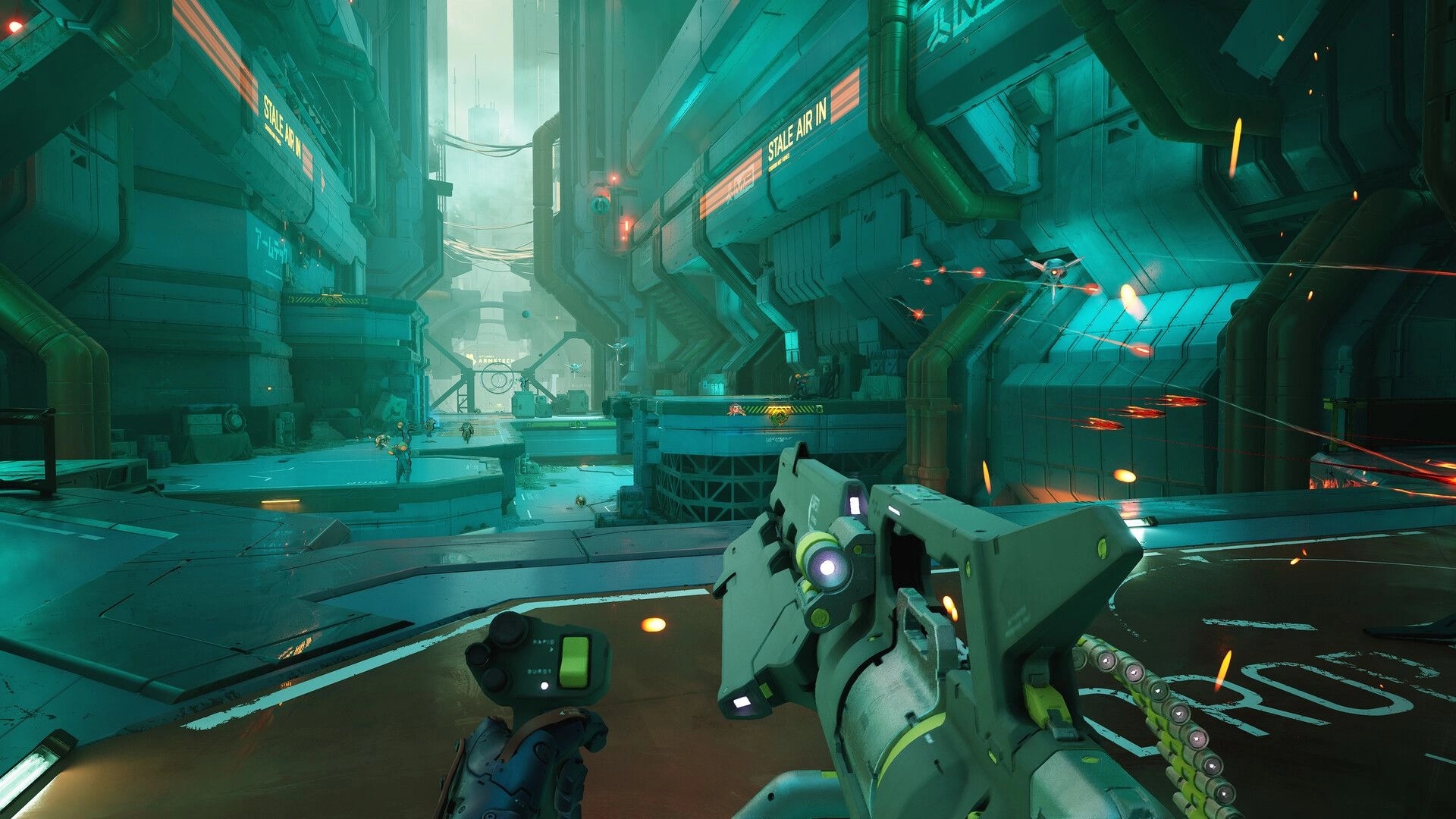 METAL EDEN: First-person combat with HYPER UNIT ASKA in a futuristic, neon-lit industrial corridor.