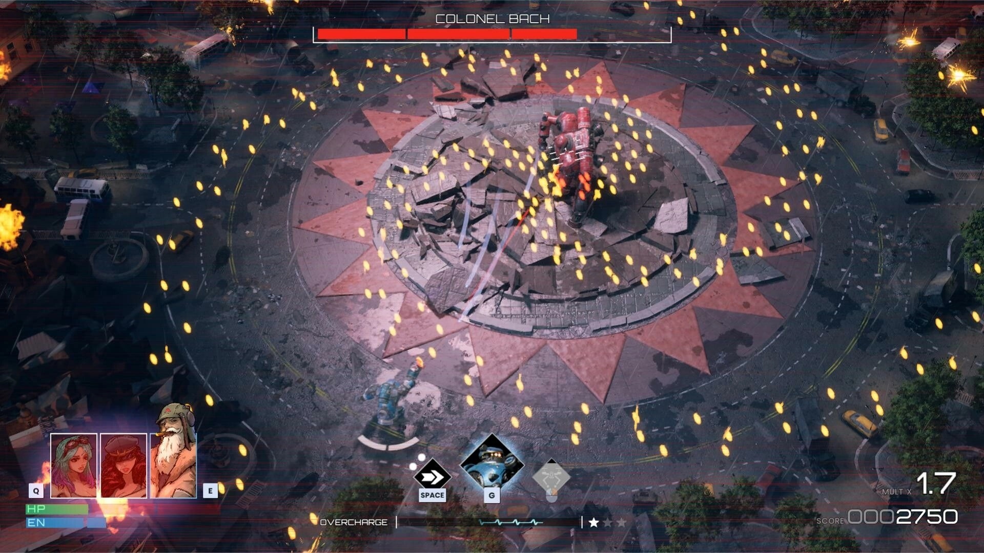 Metal Genesis: Boss battle with Colonel Bach in a circular plaza, surrounded by bullet patterns and debris.