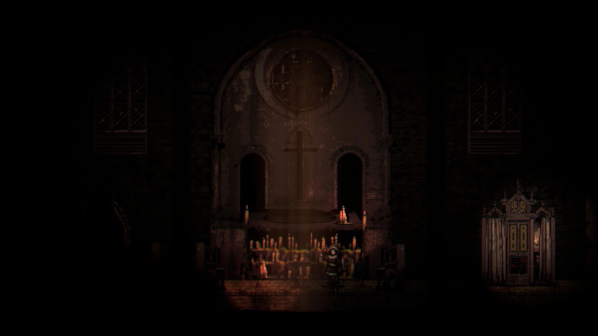 METAMORPHOSIS: Forsaken nun lights candles at altar in dimly lit, abandoned church sanctuary.