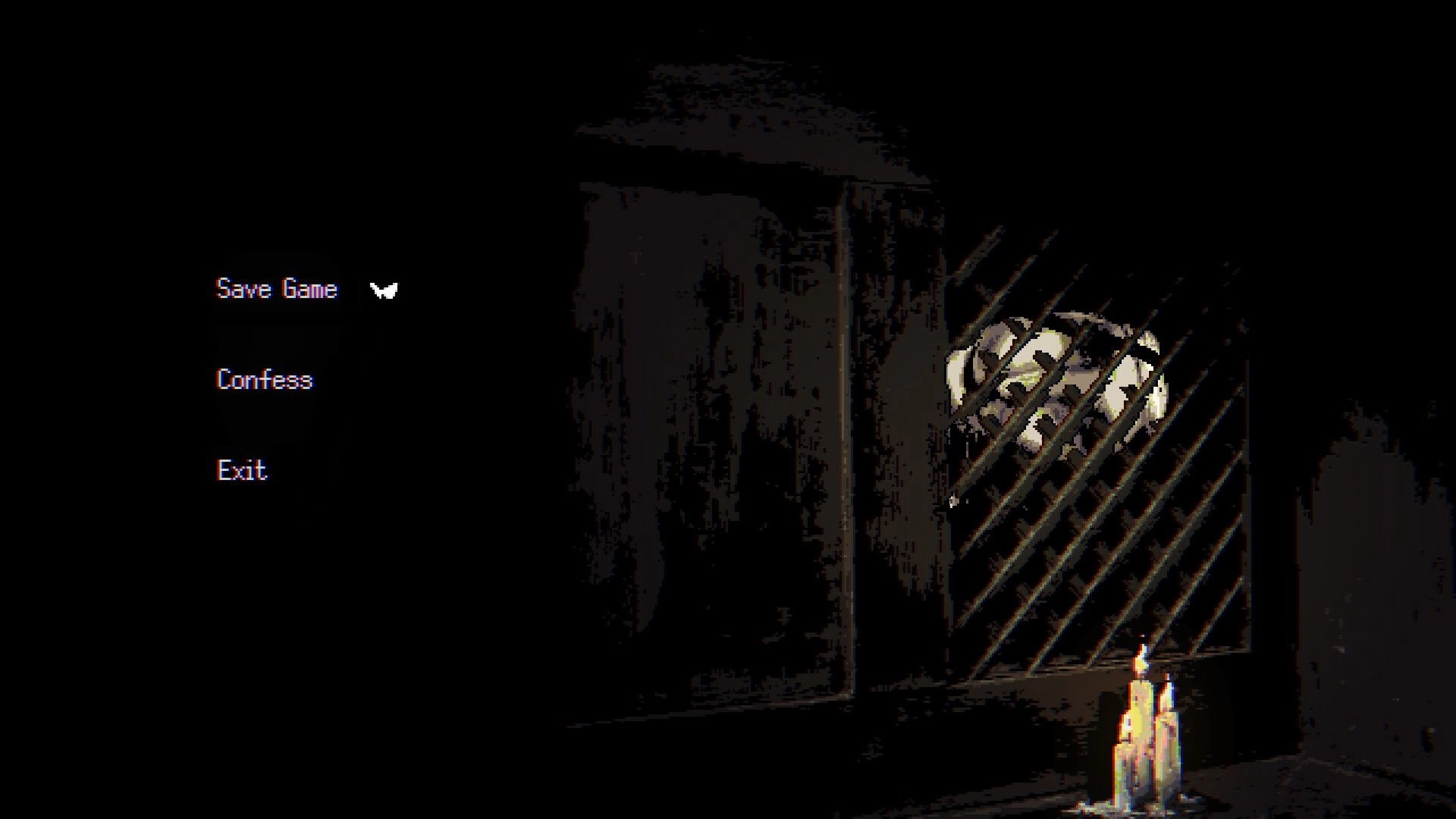 METAMORPHOSIS: Confession booth scene with menu options Save Game, Confess, Exit in dimly lit chamber