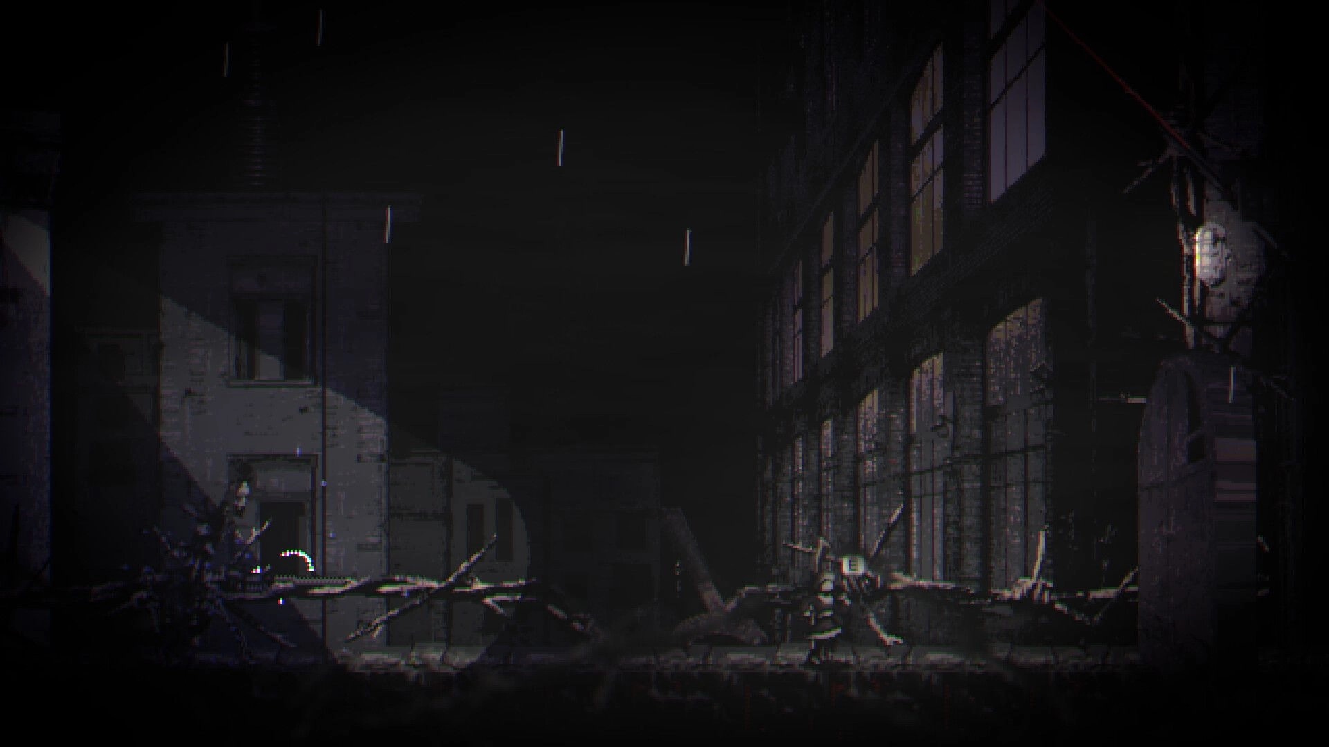 METAMORPHOSIS: A lone nun navigates a dark, rain-soaked alley between dilapidated buildings.