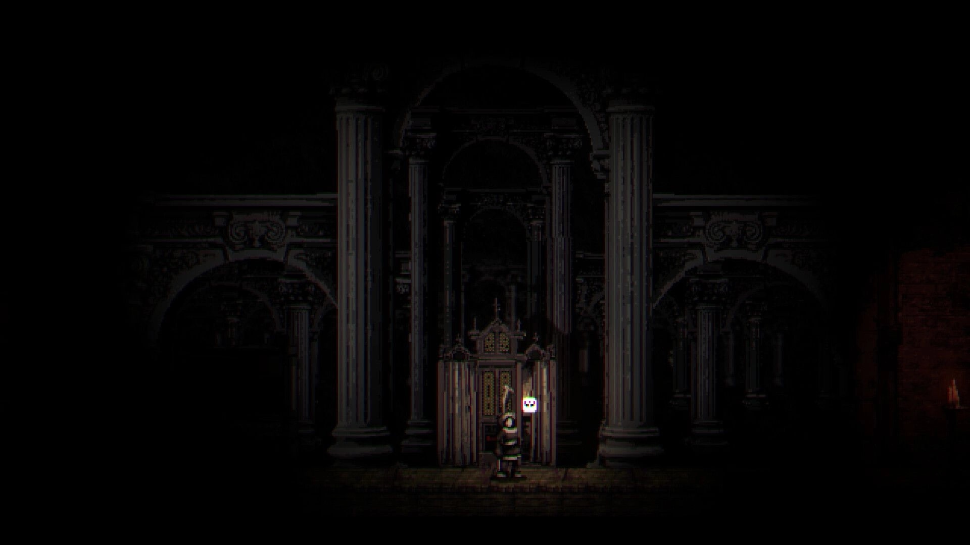 METAMORPHOSIS: Forsaken nun stands before a grand cathedral's entrance, dimly lit by her lantern.