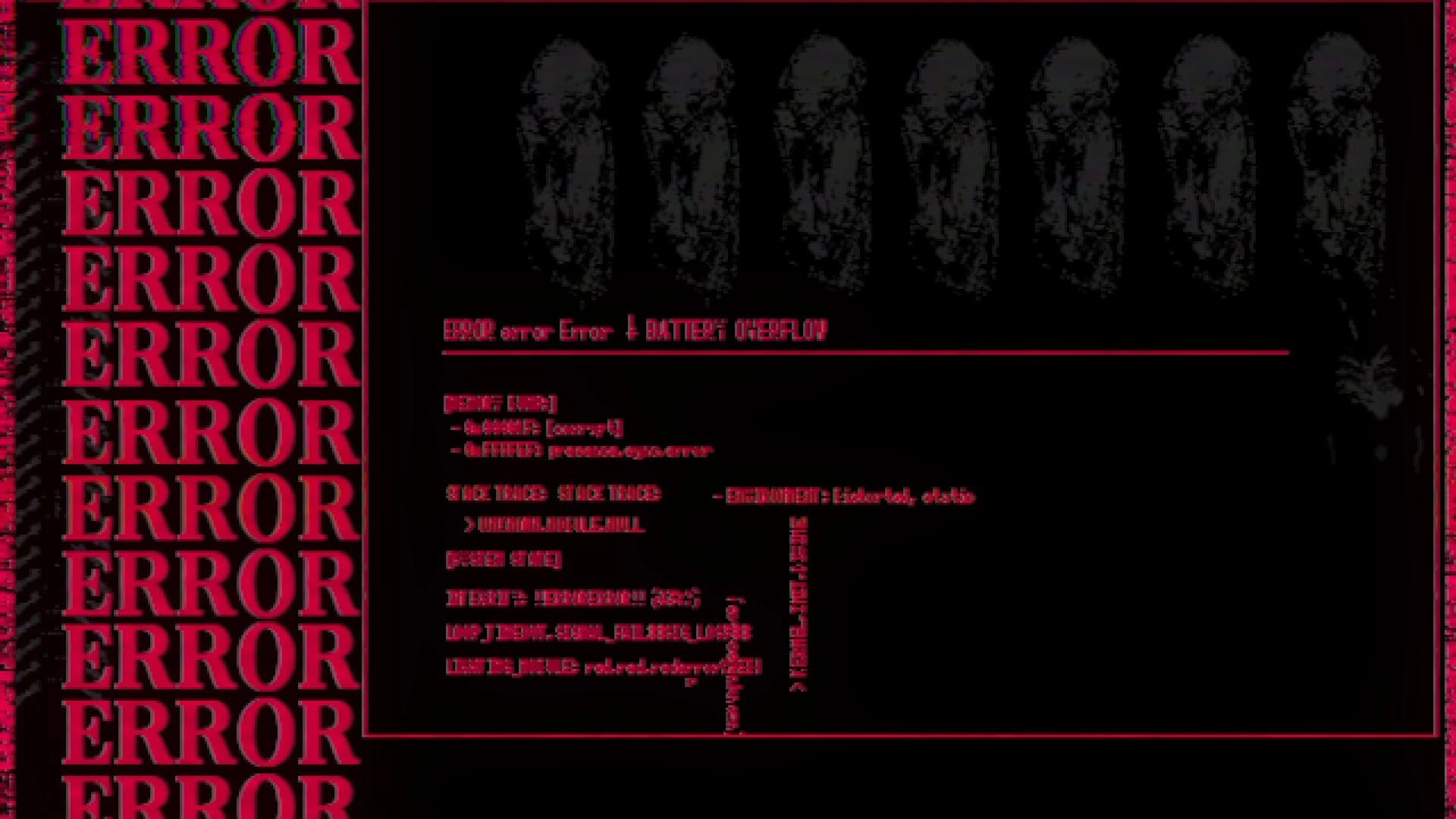 METAMORPHOSIS: Error screen with red text overlay and shadowy figures in a glitchy, dark environment