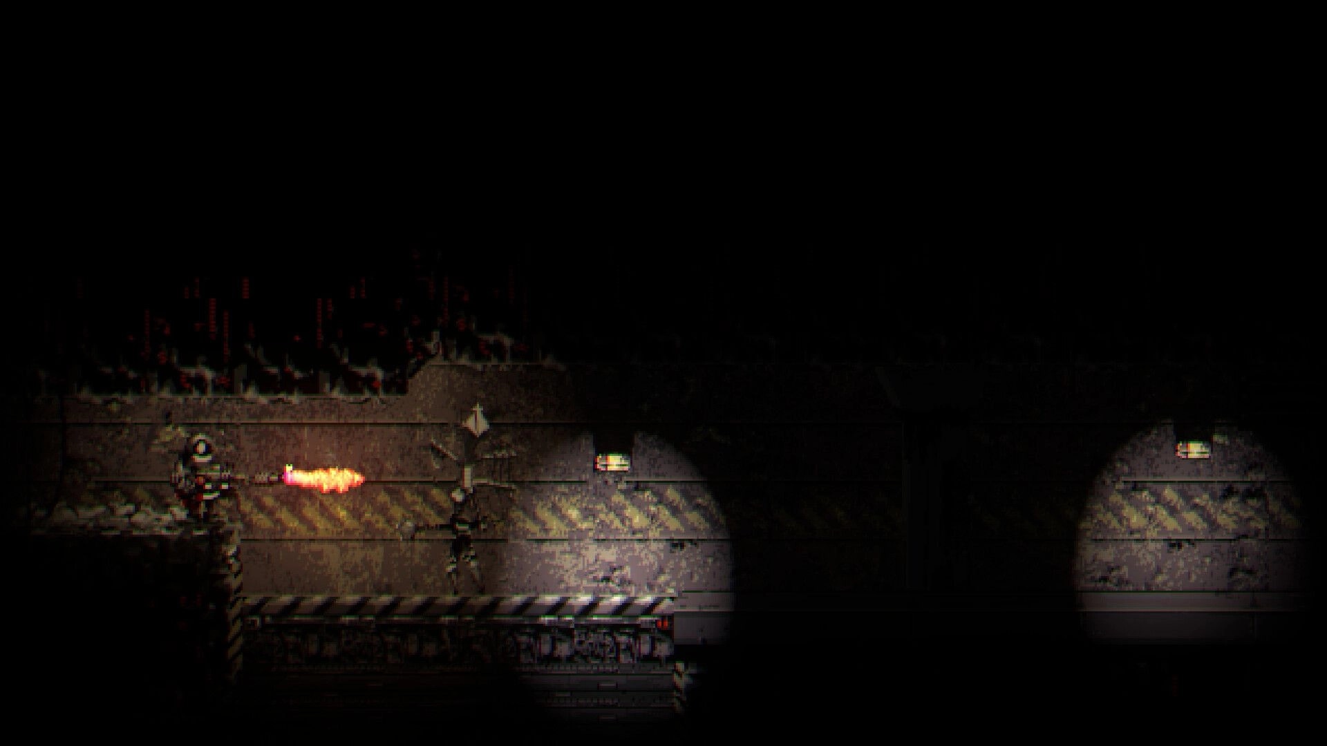 METAMORPHOSIS: Forsaken nun with flamethrower in dark, industrial corridor with minimal lighting.