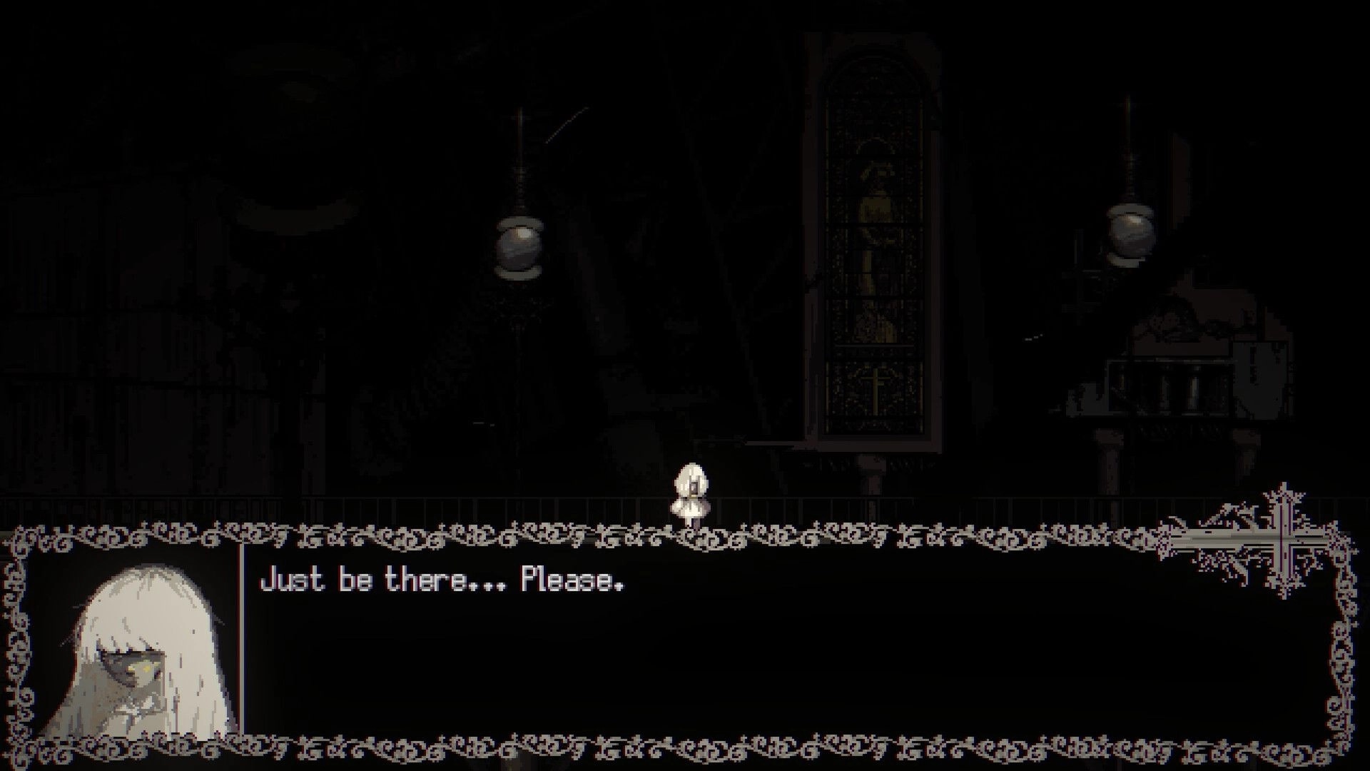 METAMORPHOSIS: A nun stands in a dimly lit church interior, text box reads "Just be there... Please."