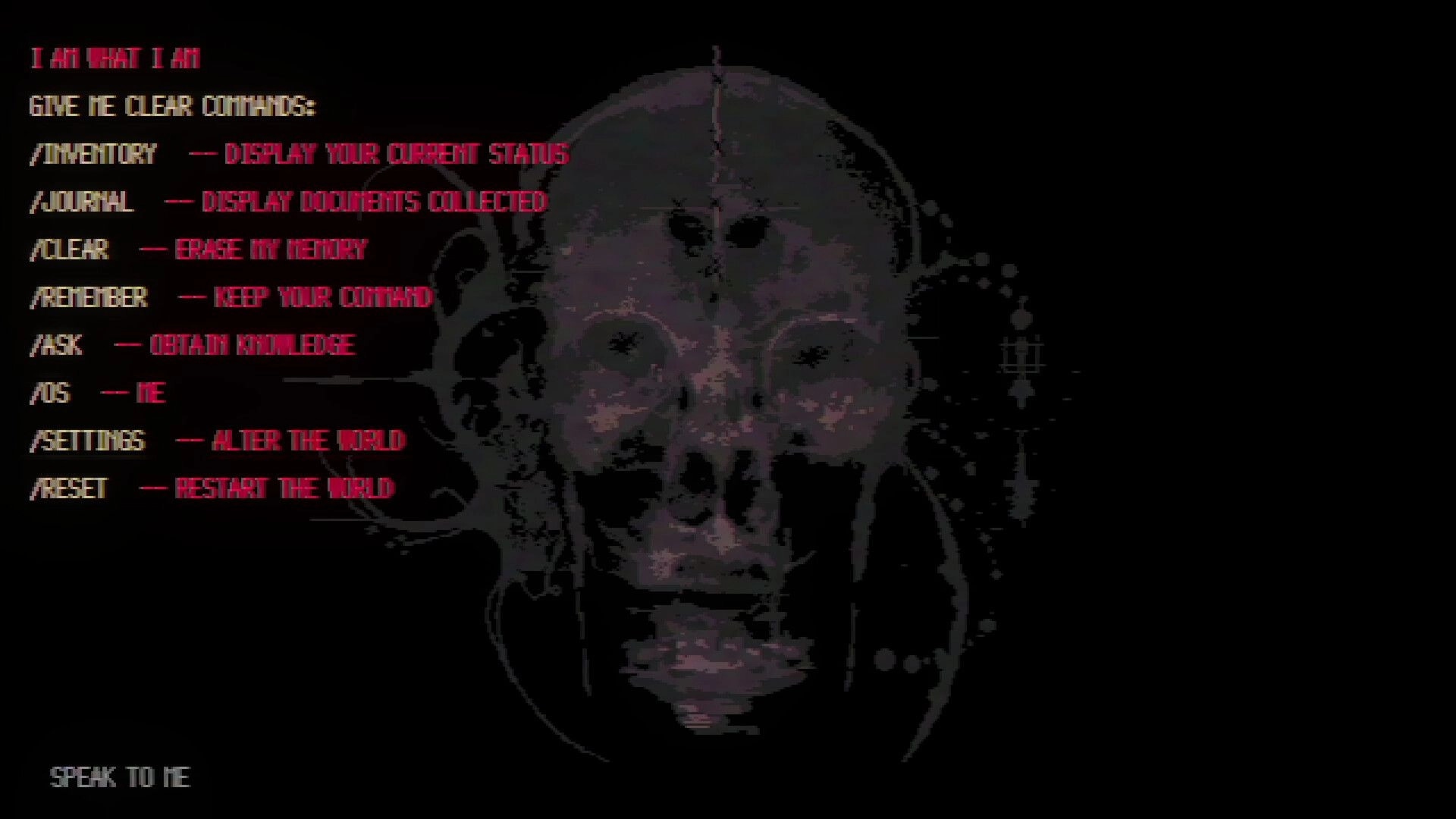 METAMORPHOSIS: Command menu with options like inventory, journal, and settings overlaid on eerie skull.