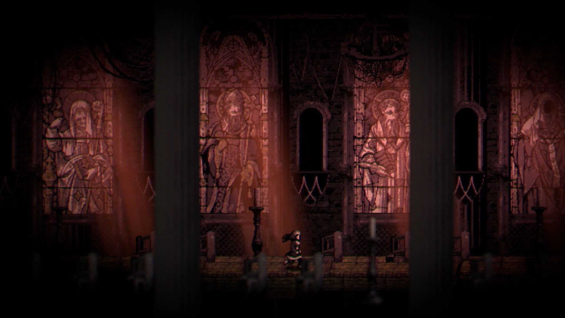 METAMORPHOSIS: Forsaken nun walks through dim cathedral with stained glass saints and wooden pews
