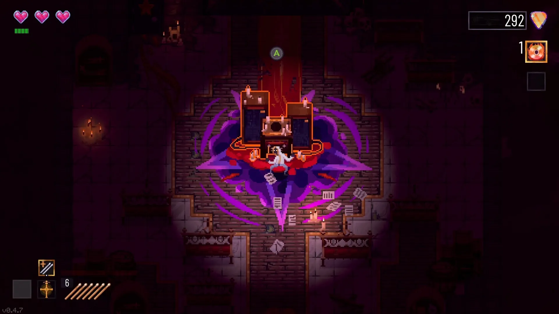 Metavoidal: Drummer character at drum set with purple aura in dark dungeon with health and score display