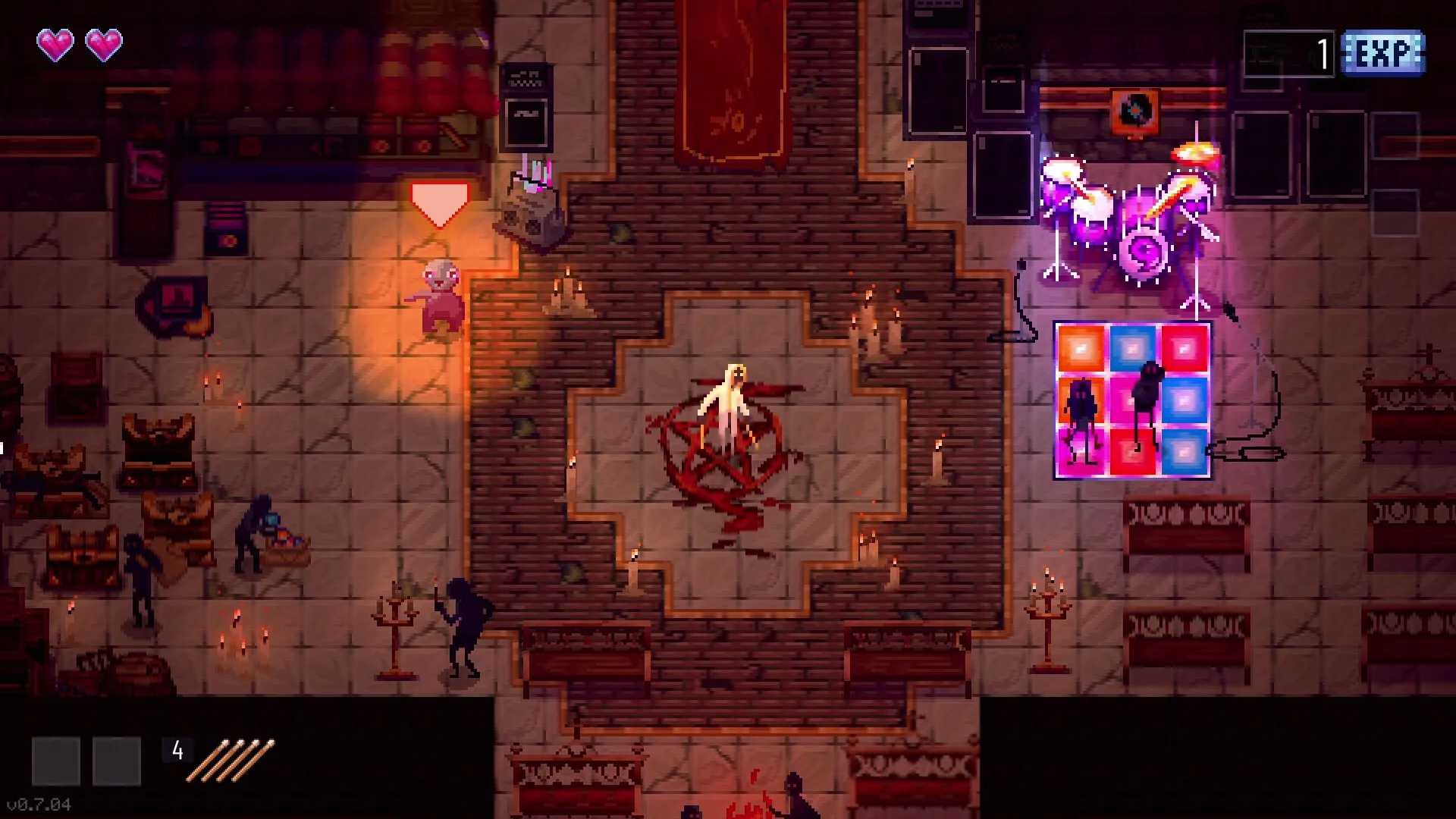 Metavoidal: Drummer in center on blood pentagram, colorful drum set and enemies in dimly lit dungeon