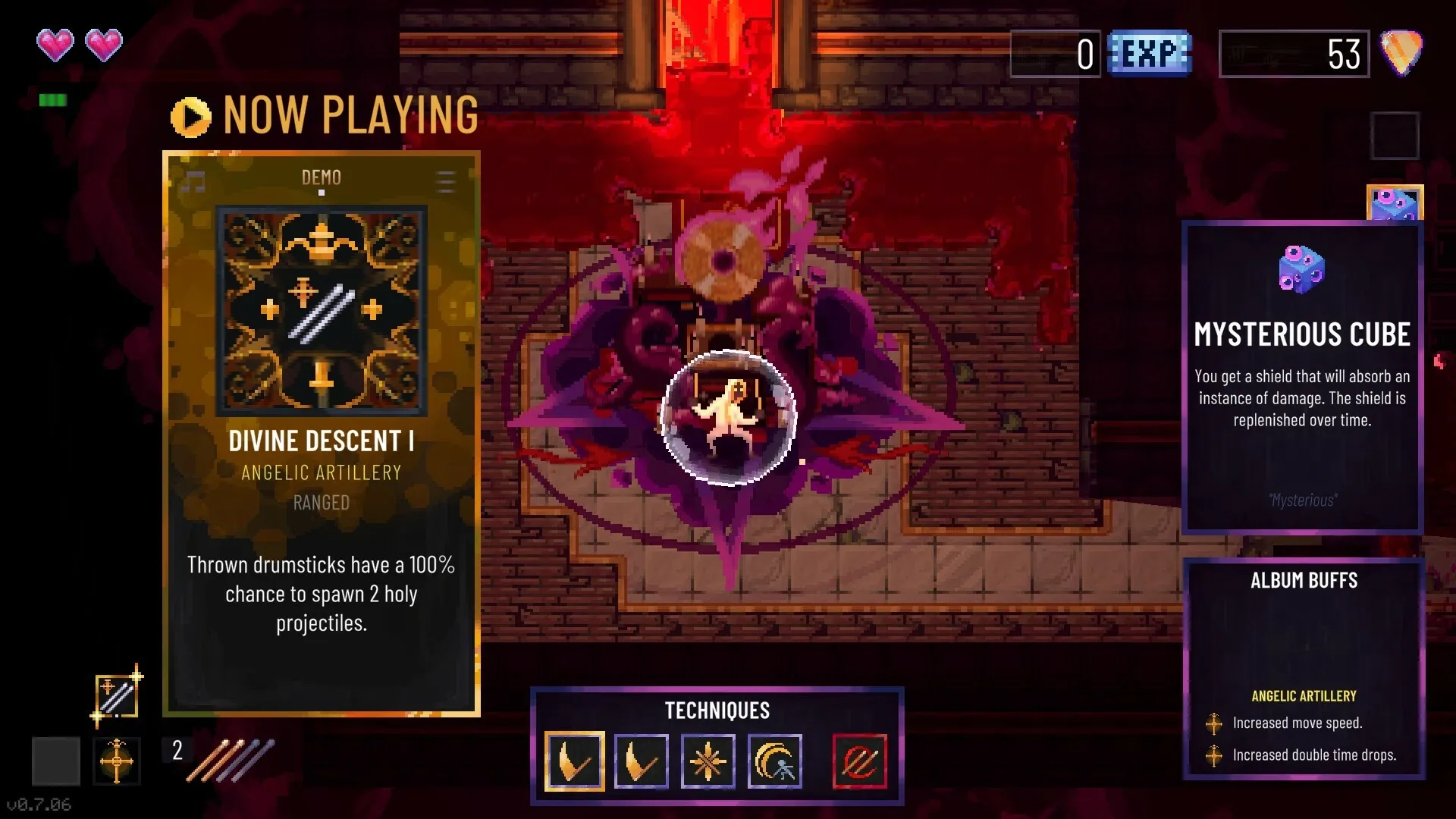 Metavoidal: Drummer in shielded arena with divine abilities and mysterious cube status effects visible