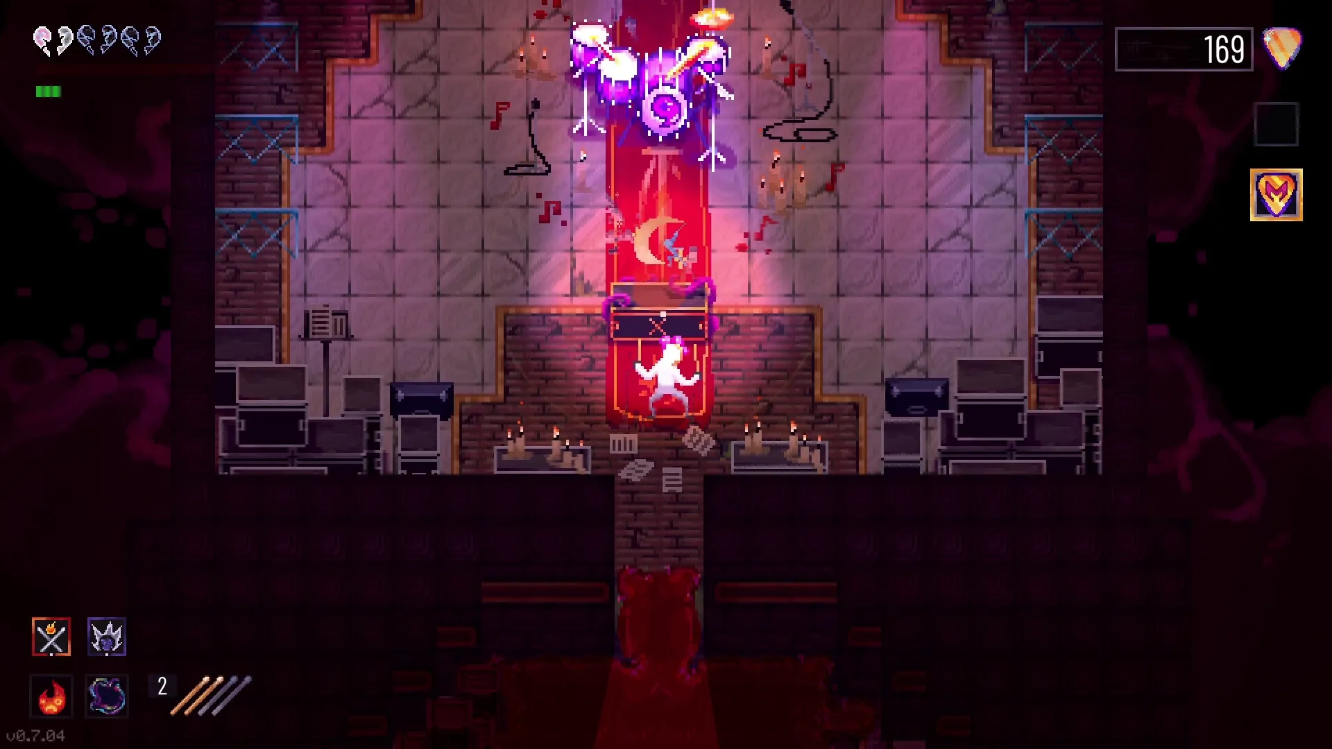 Metavoidal: Drummer battles glowing drum set above altar in dimly lit stone chamber with candles.