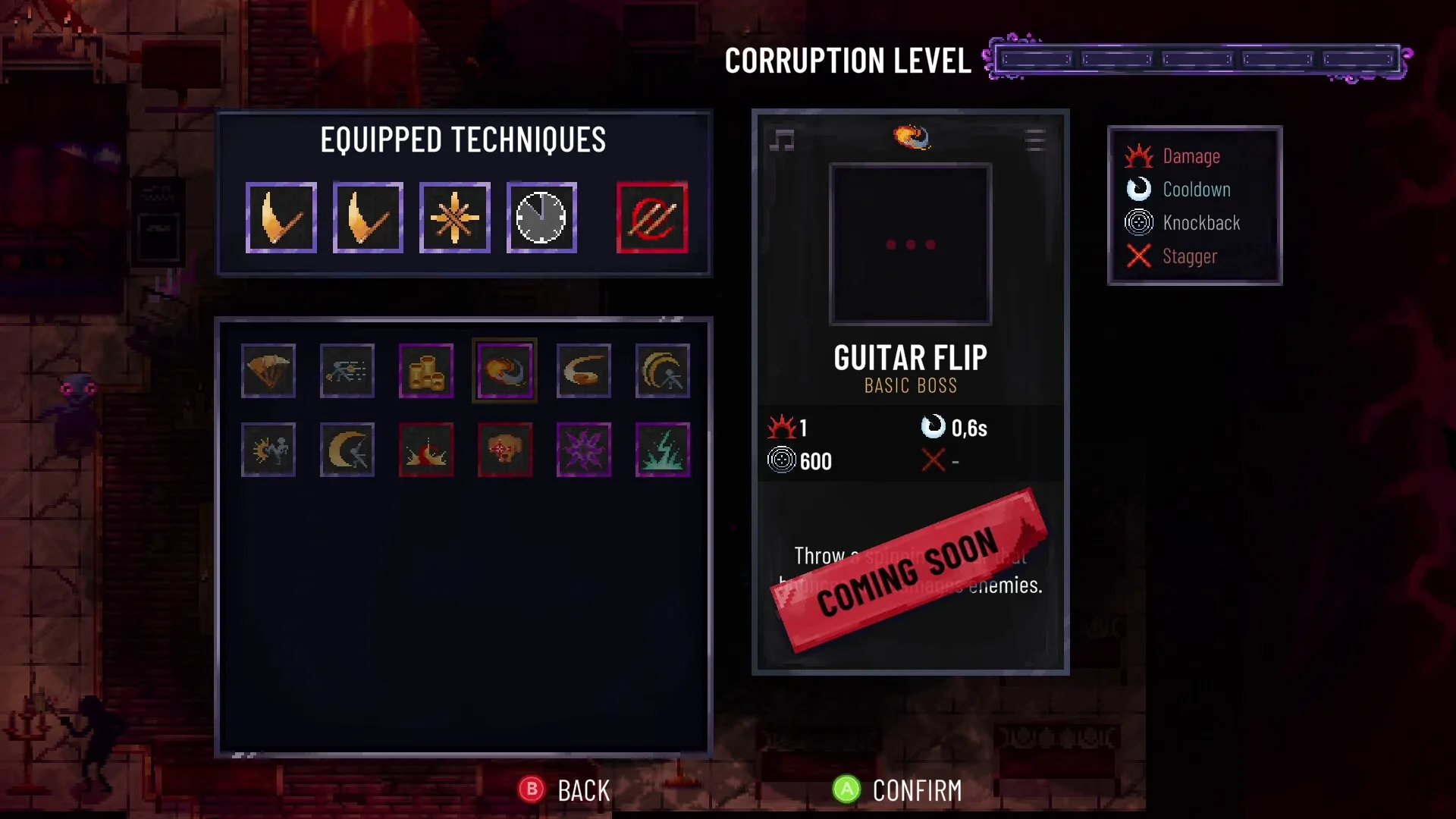 Metavoidal: Equipped techniques menu with corruption level and "Guitar Flip" boss ability in dark room