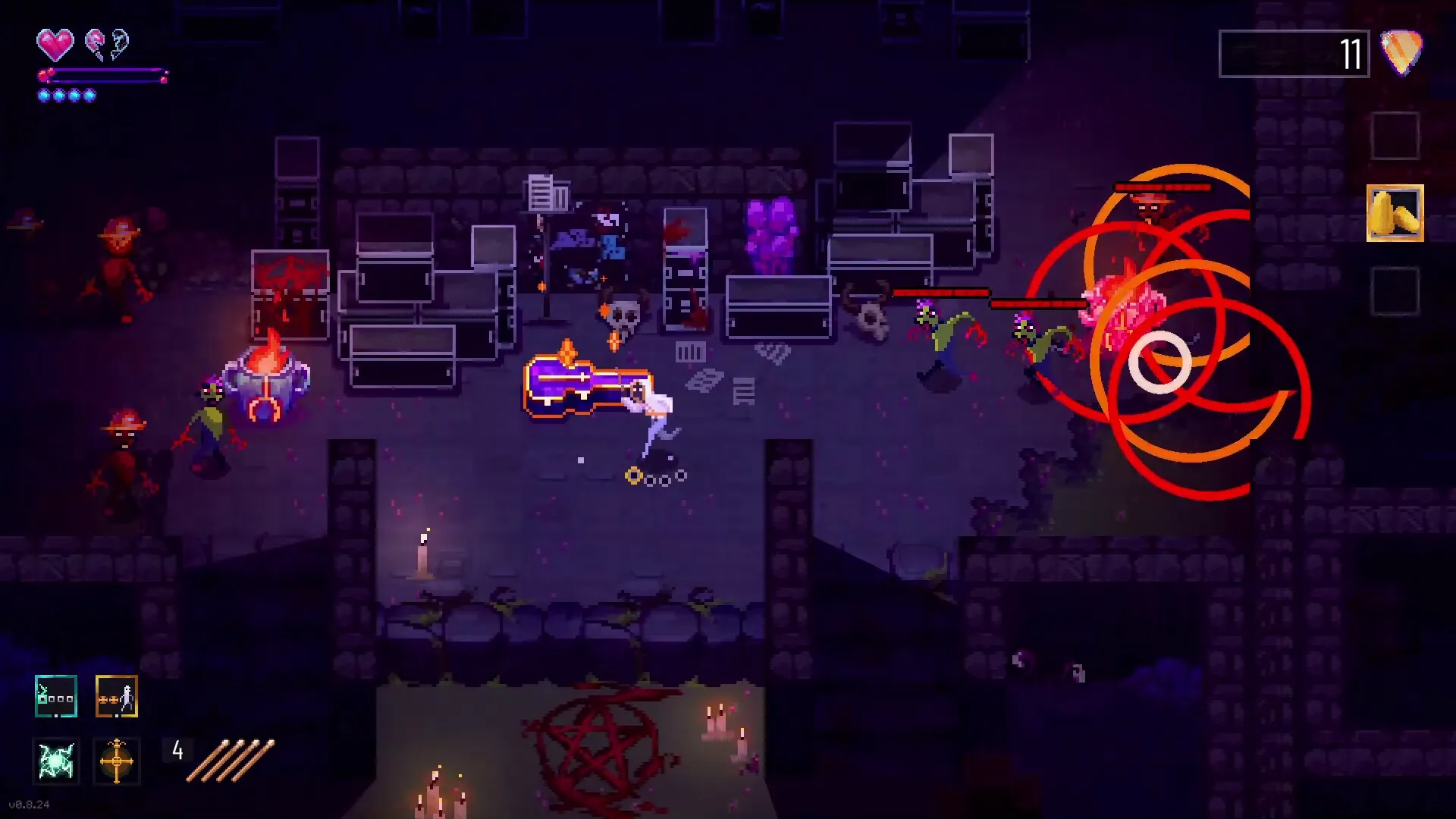 Metavoidal: Drummer fights enemies in a dark dungeon with music and weapon inventory visible