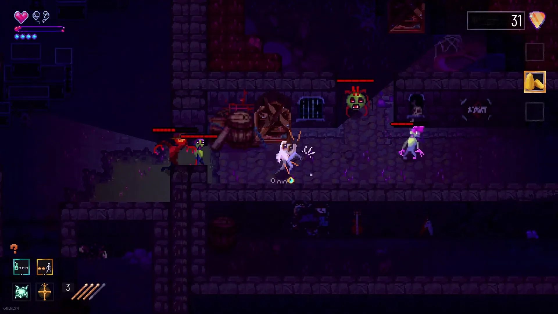 Metavoidal: Drummer battling monsters in a dimly lit dungeon with health and item bars visible