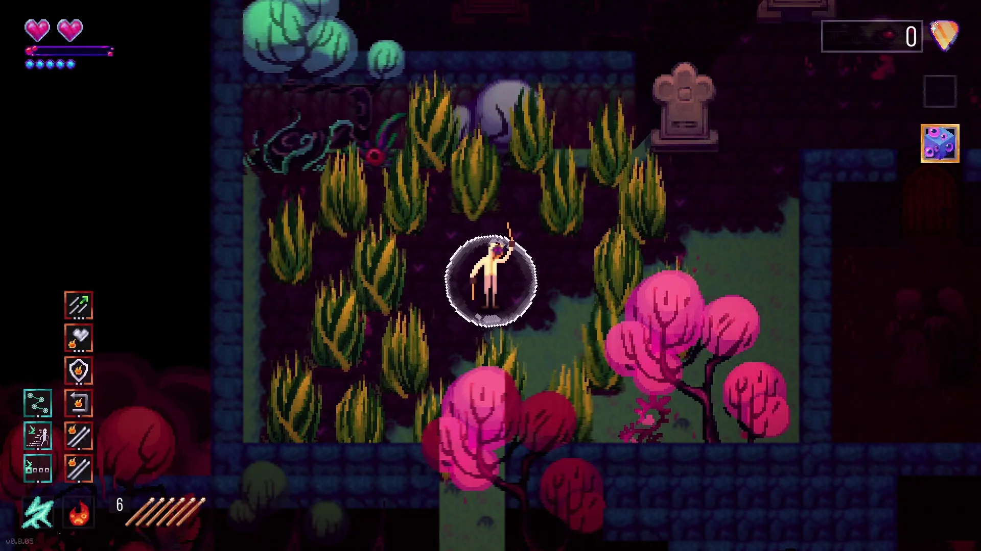 Metavoidal: Drummer character in graveyard setting surrounded by pink trees and UI elements visible