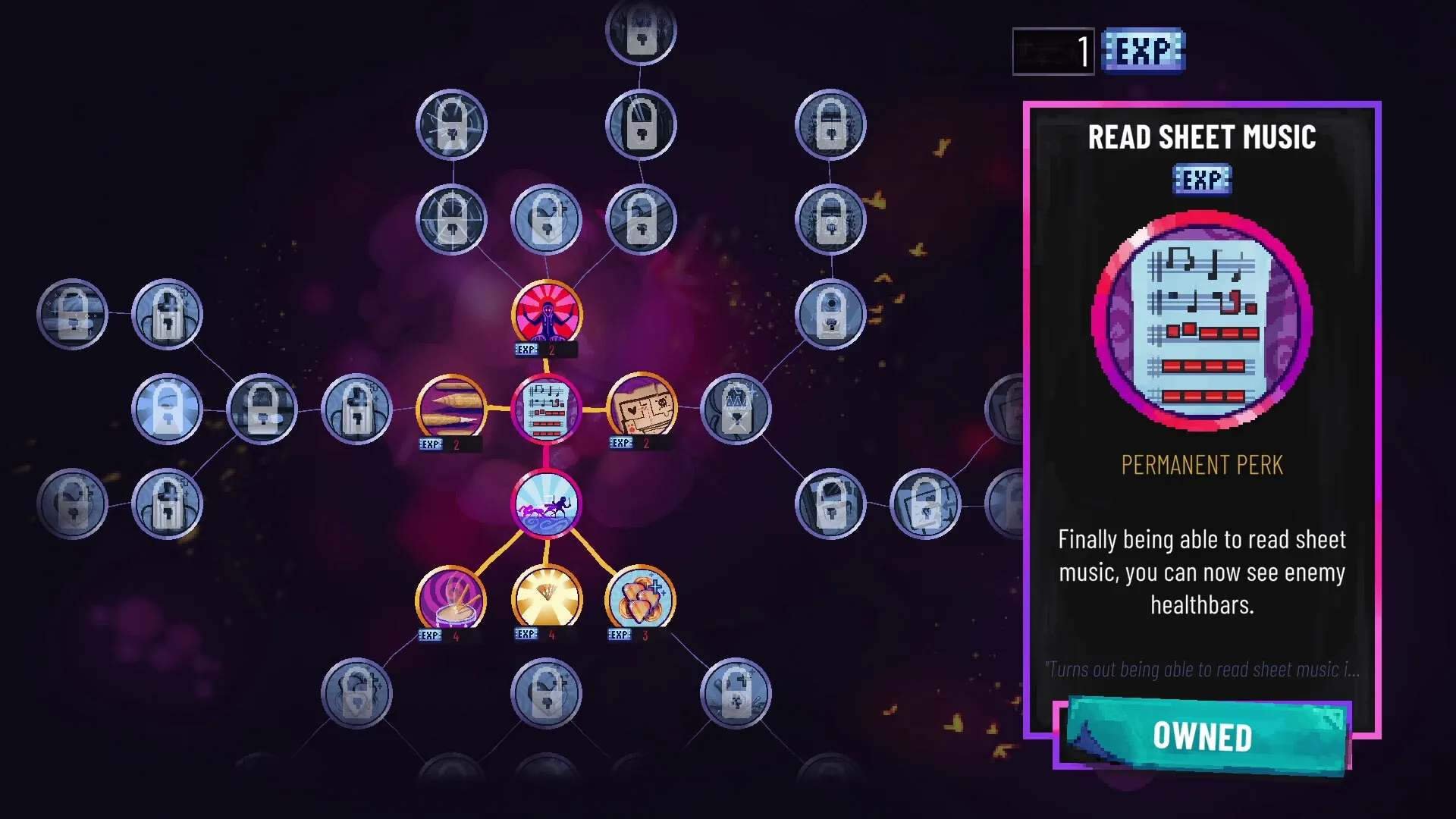 Metavoidal: Skill tree interface with "Read Sheet Music" perk details on dark, abstract background