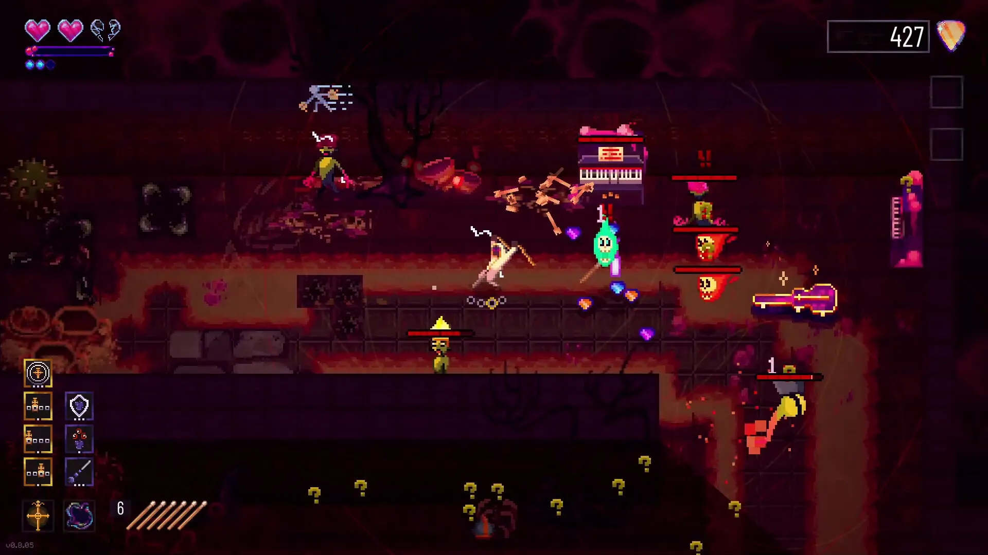 Metavoidal: Drummer battles enemies with music-themed attacks in a dark, chaotic dungeon setting.