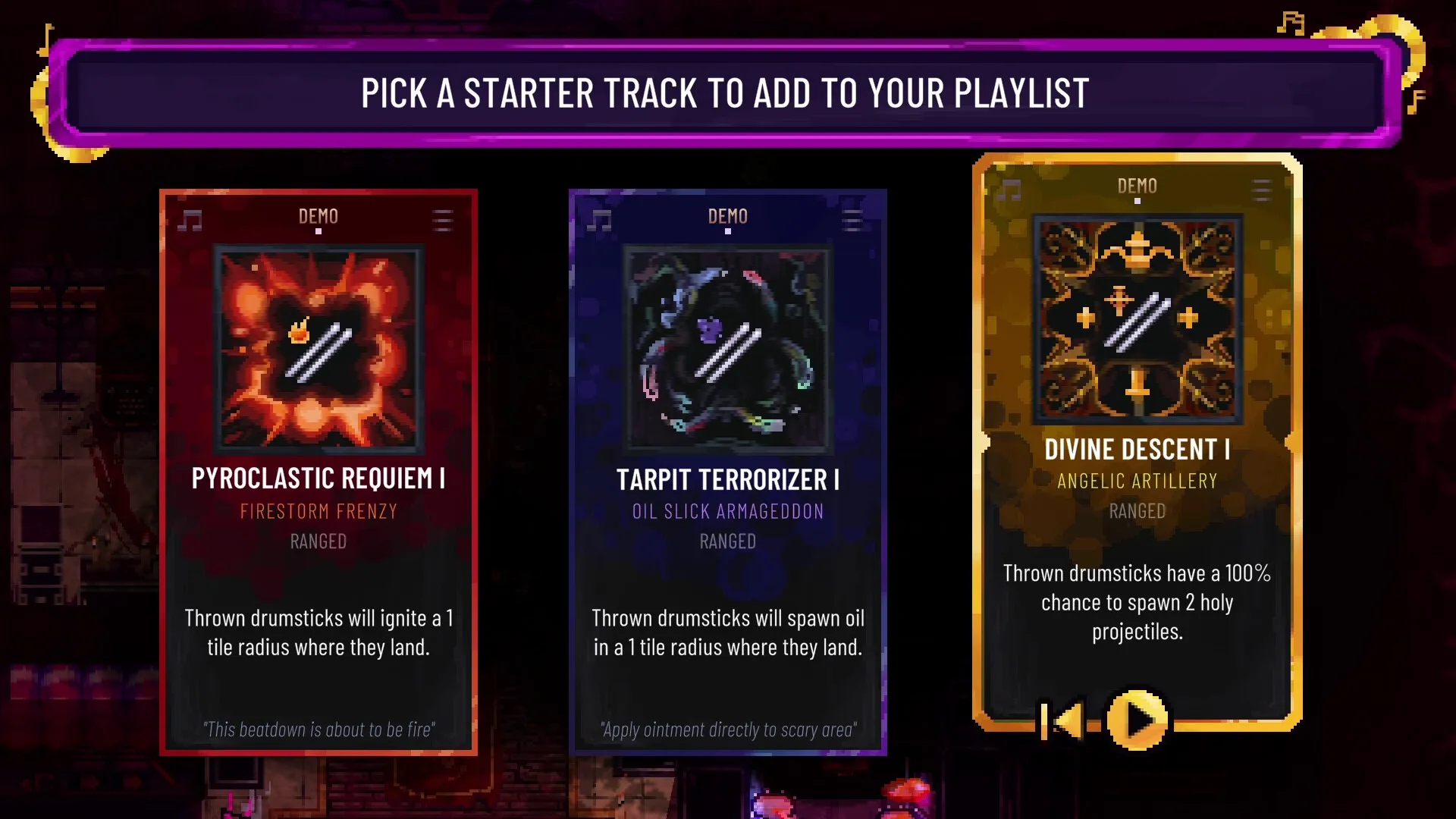Metavoidal: Choose a starter track card from Pyroclastic Requiem, Tarpit Terrorizer, or Divine Descent.