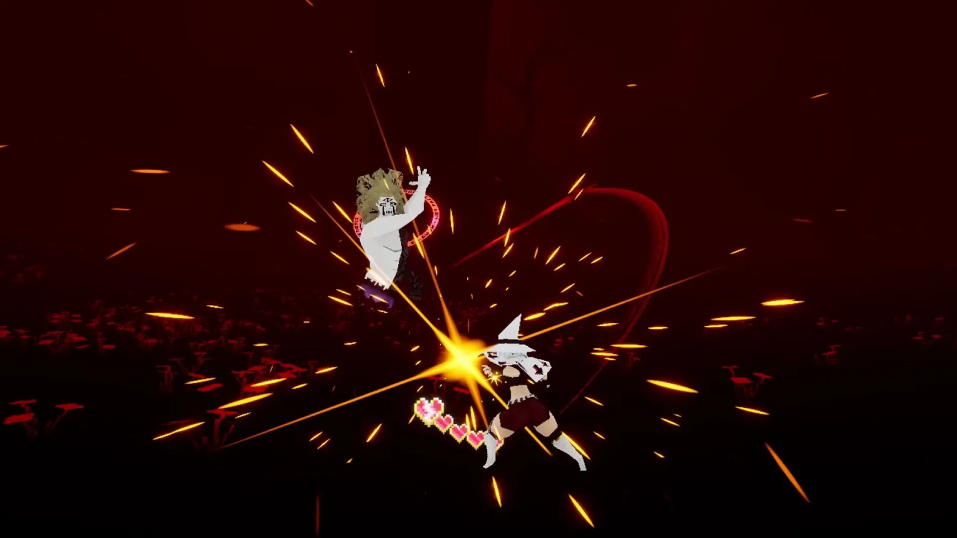 Metro Gravity: Intense combat with spark effects between two characters in dark, fiery environment