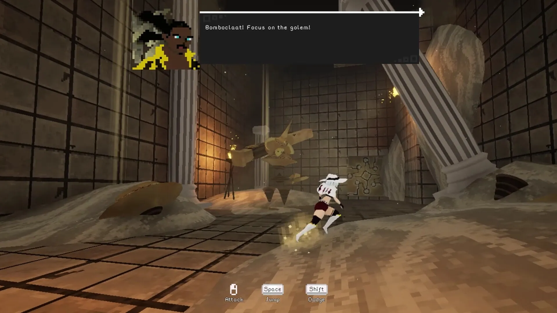 Metro Gravity: Character evades a golem in a crumbling hall with text box dialogue overhead