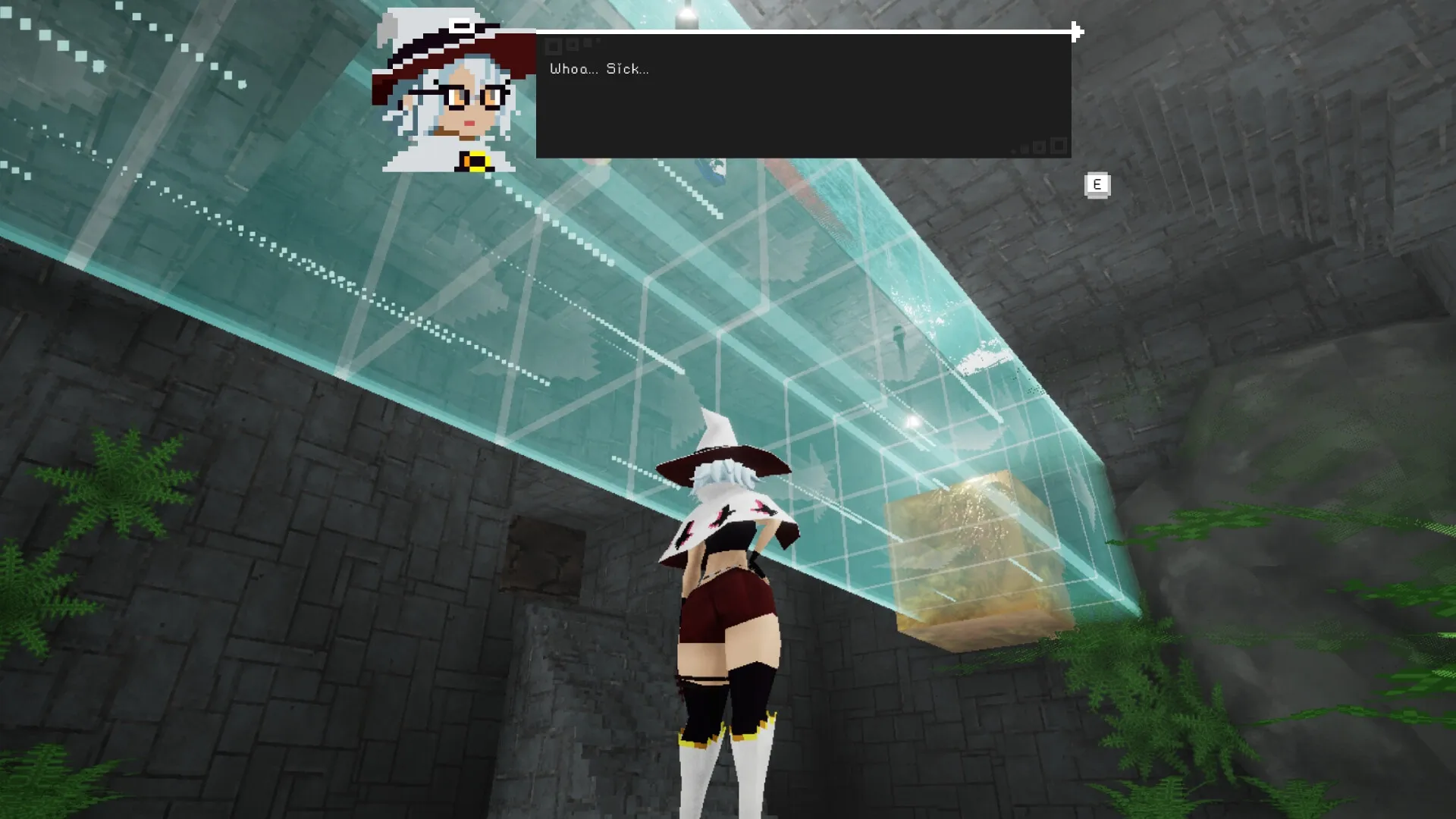 Metro Gravity: Character observes floating glass structure in a stone chamber with dialogue box overhead