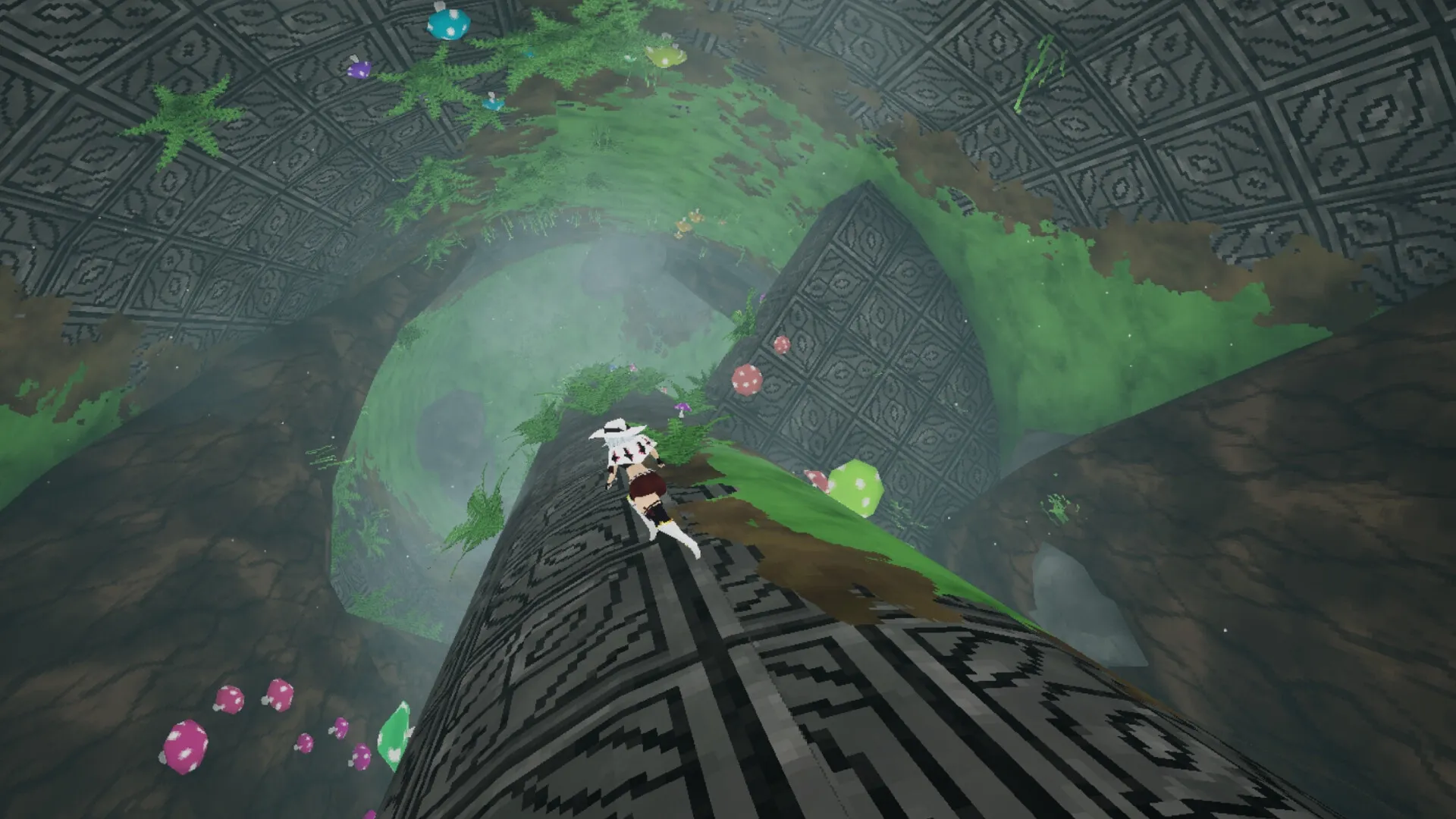 Metro Gravity: Character running up a twisting, vine-covered tunnel with floating mushrooms and patterns
