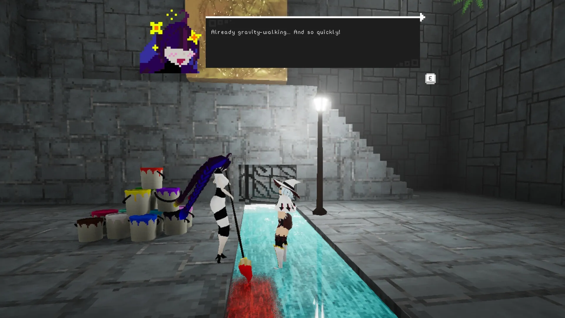 Metro Gravity: Two characters converse in a stone hall with colorful paint cans and a glowing water path.