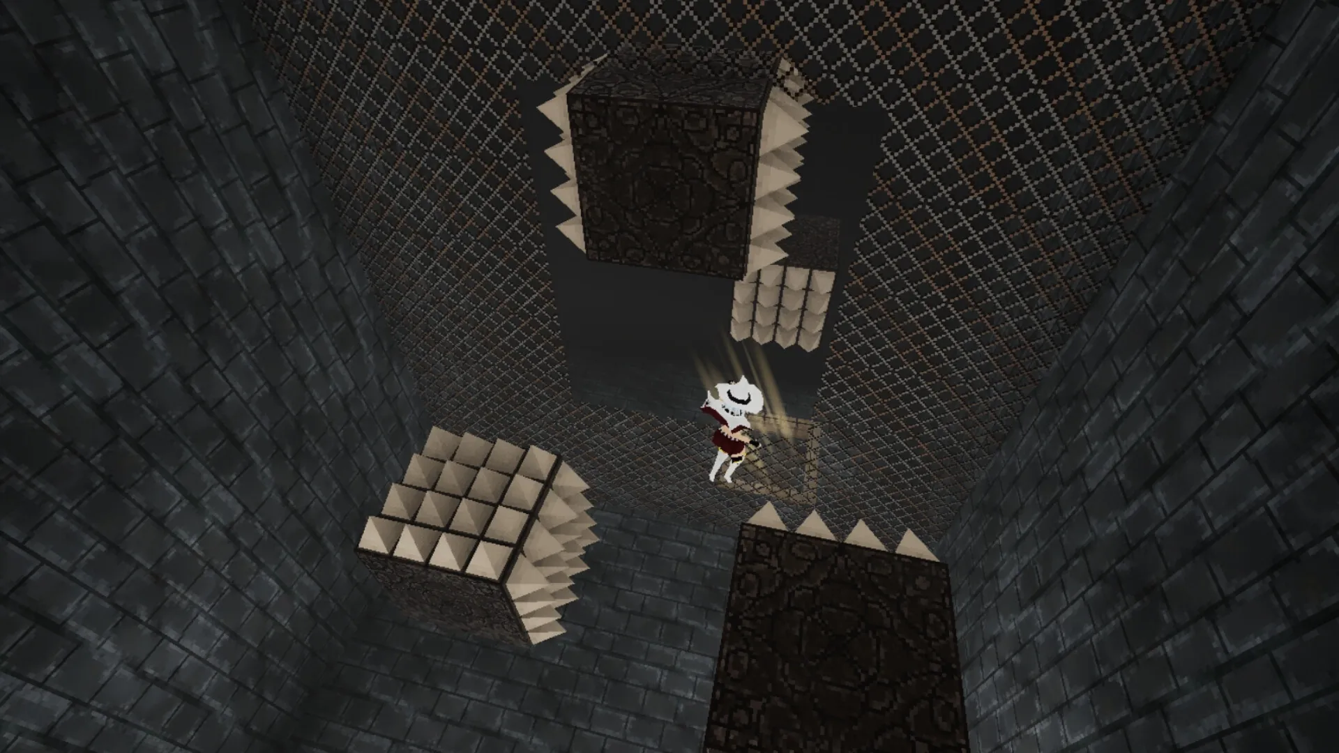 Metro Gravity: Character navigates spiked cube obstacles in a dark, grid-patterned chamber.