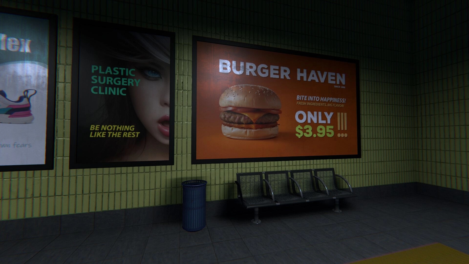 Metrophobia: Subway platform wall with Burger Haven and Plastic Surgery Clinic ads, bench and trash can.