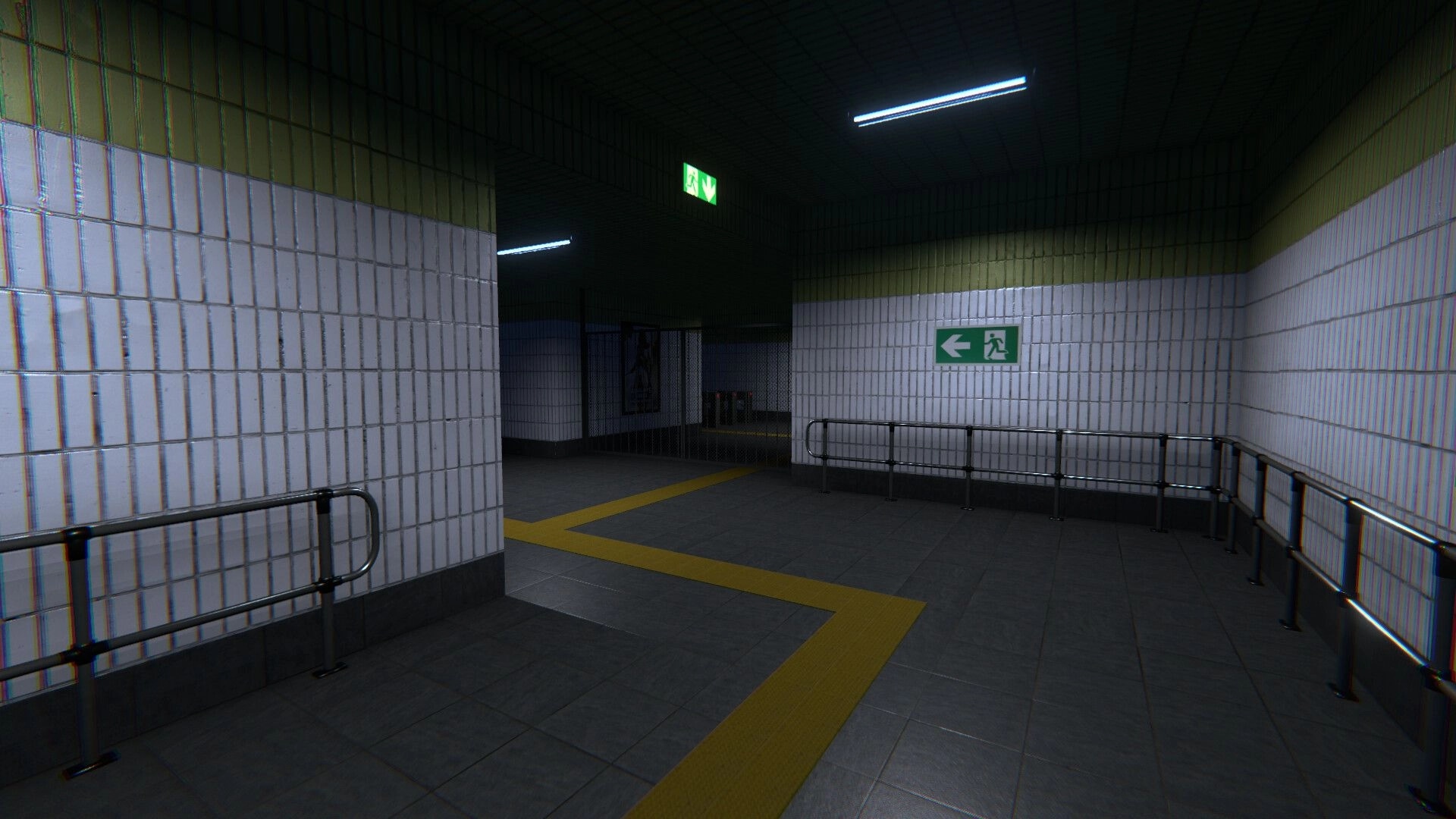 Metrophobia: Empty tiled metro corridor with yellow guide line, railings, and glowing exit signs ahead.