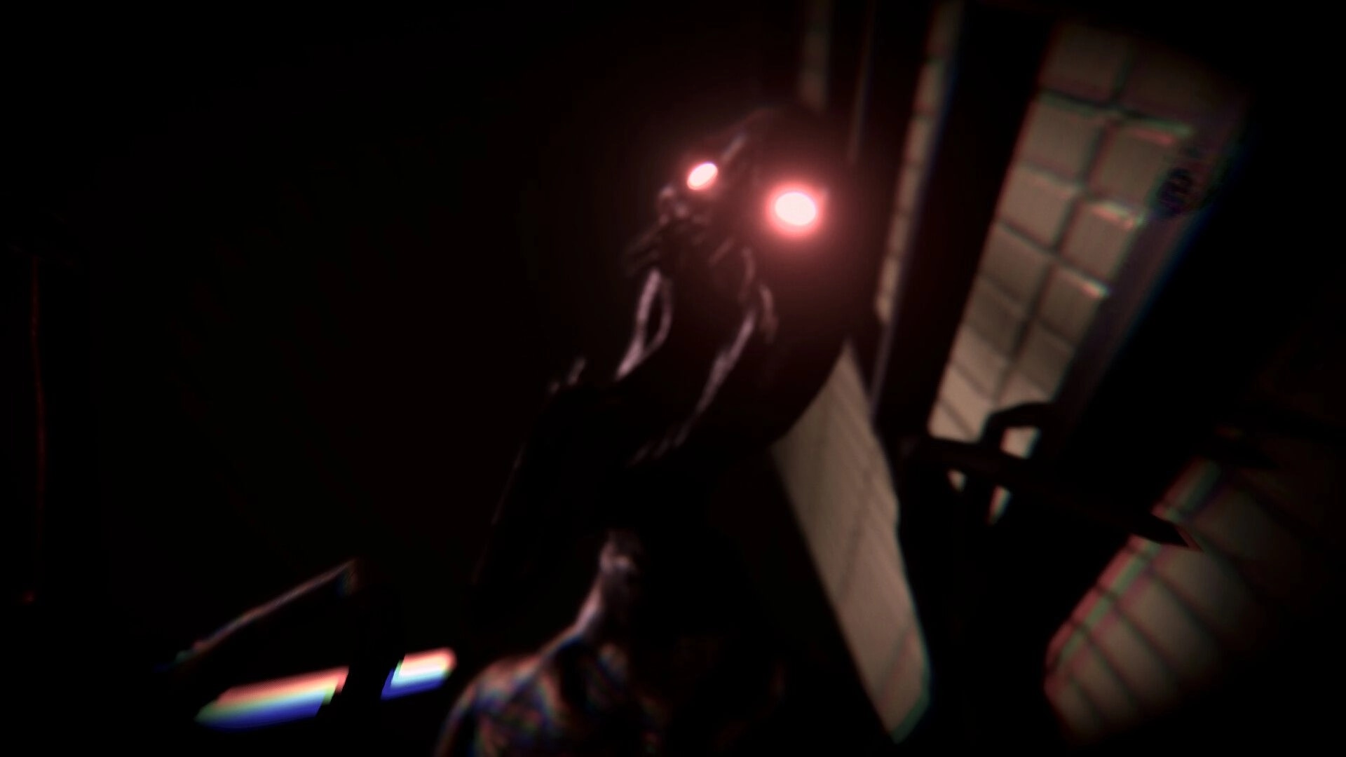 Metrophobia: Shadowy humanoid with glowing eyes looms in a dark metro corridor by tiled walls.