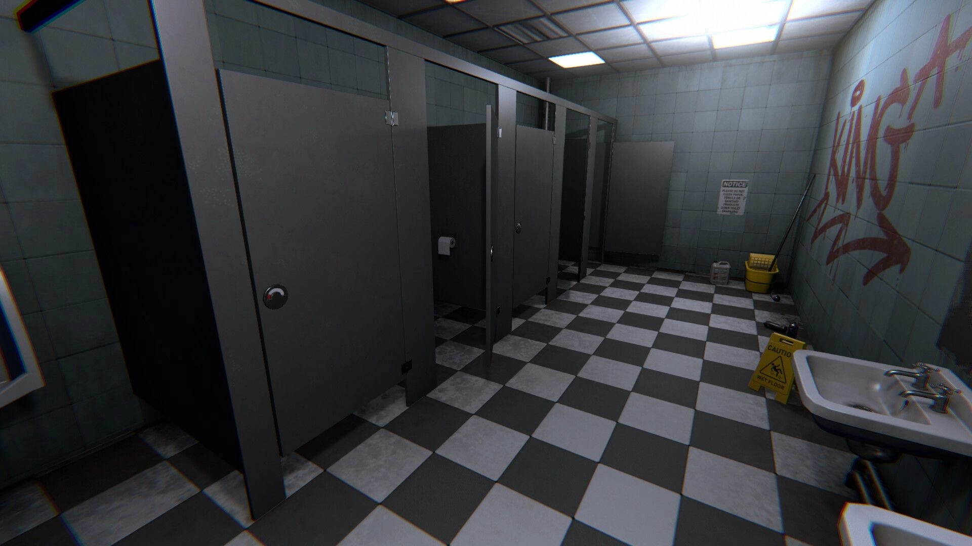 Metrophobia: First-person view of grimy restroom stalls and sink with graffiti in tiled metro bathroom.