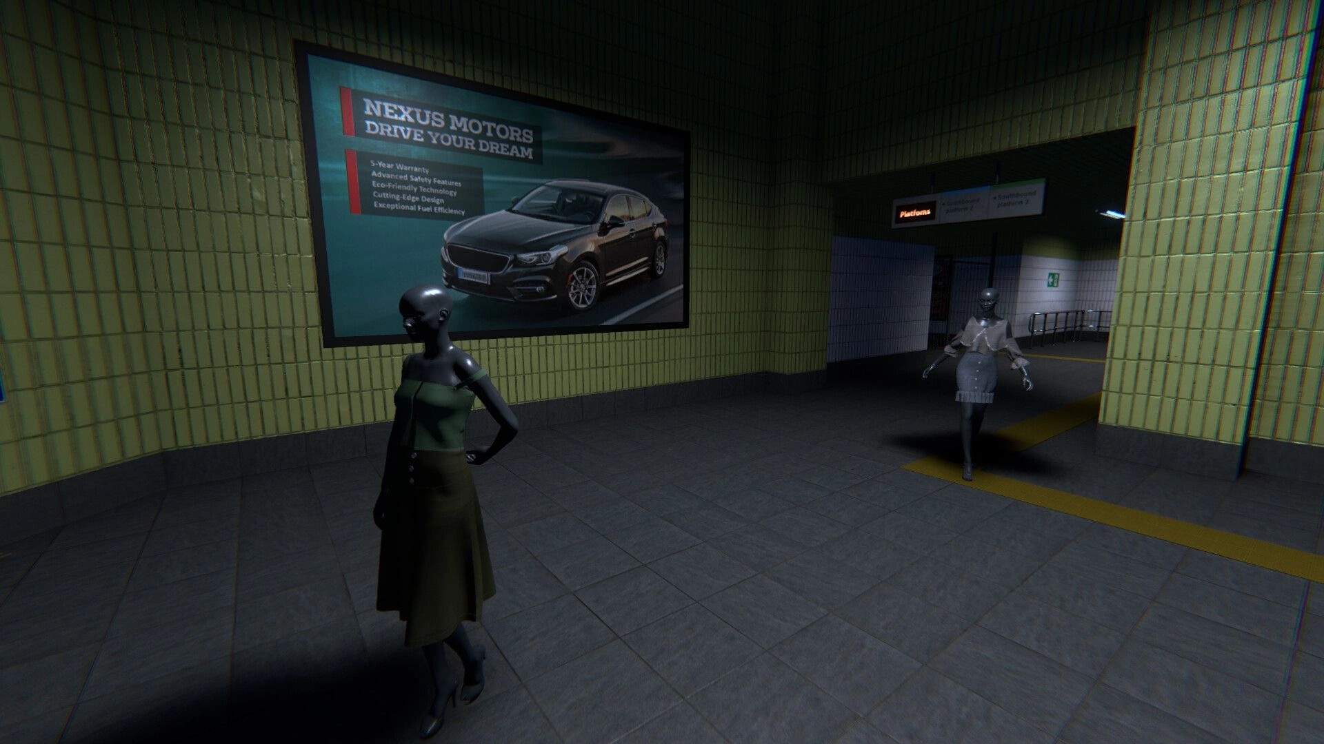 Metrophobia: Two mannequin-like women in a tiled metro corridor beneath a car ad and platform sign.