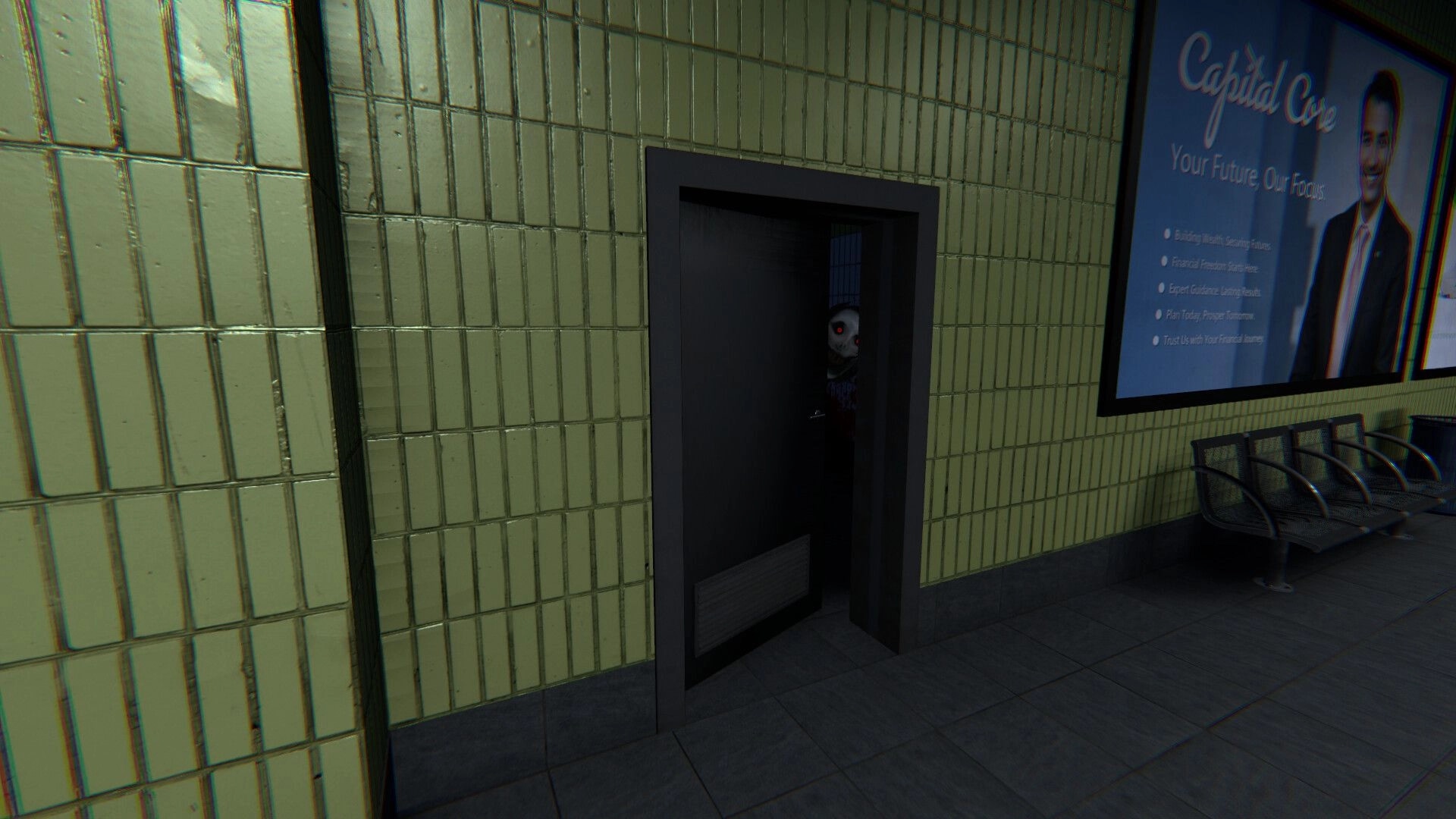 Metrophobia: Red-eyed figure peeks from a dark doorway in tiled metro hall beside ad poster and bench.