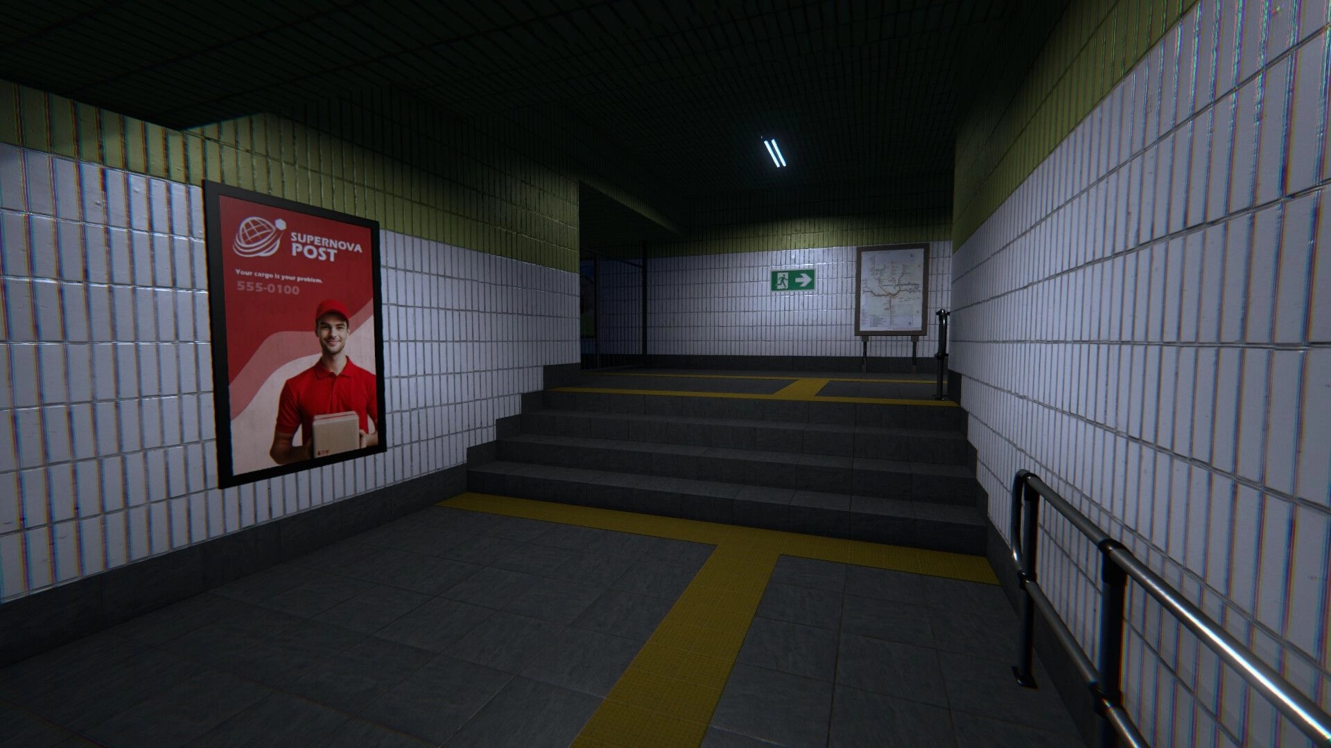 Metrophobia: Empty tiled metro corridor with stairs, exit sign, map board, and delivery poster.