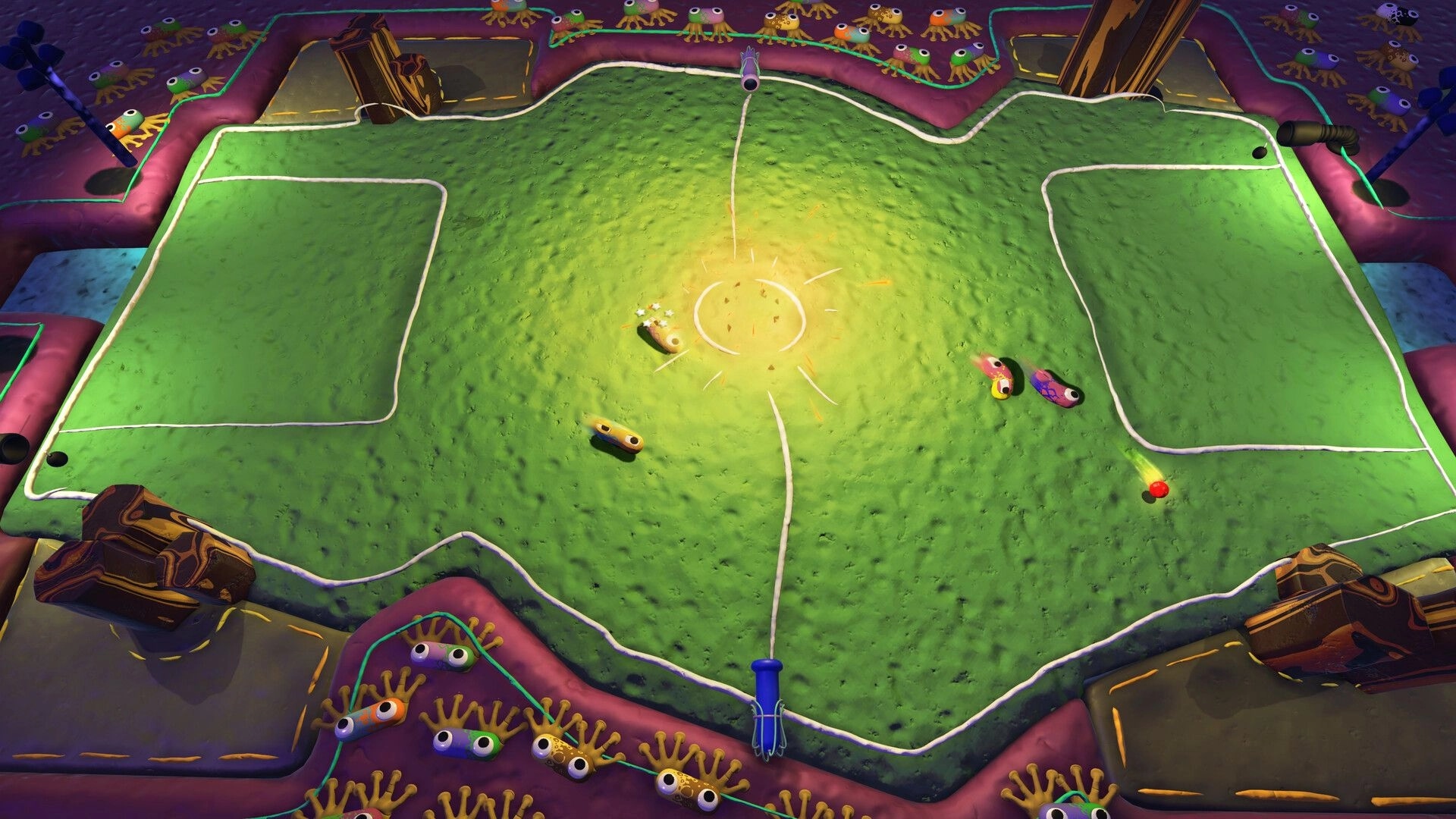 Mewts: Top-down view of vibrant arena with colorful characters and playful environment elements.