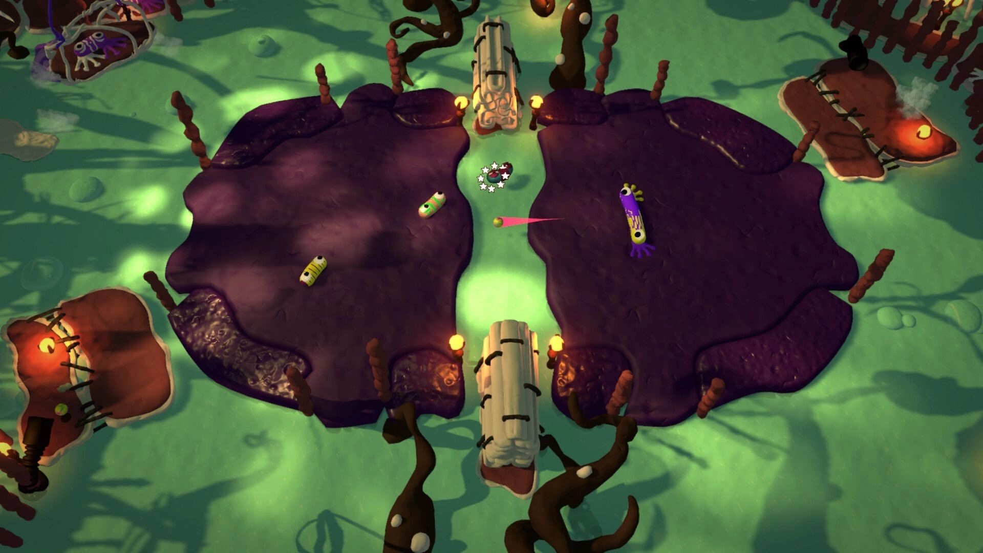 Mewts: Colorful creatures speed battling in a vibrant arena with obstacles and glowing paths