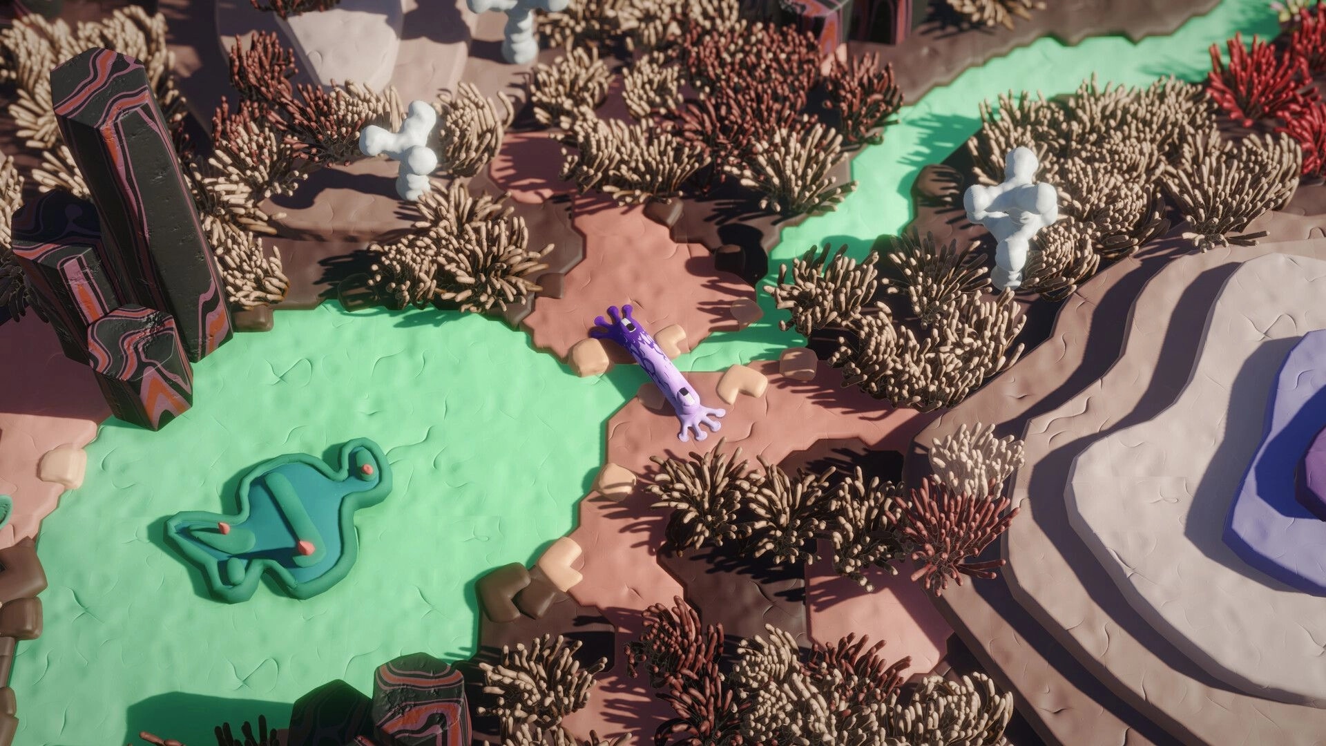Mewts: Purple creature in clay-like arena with rivers, bushes, and rock formations