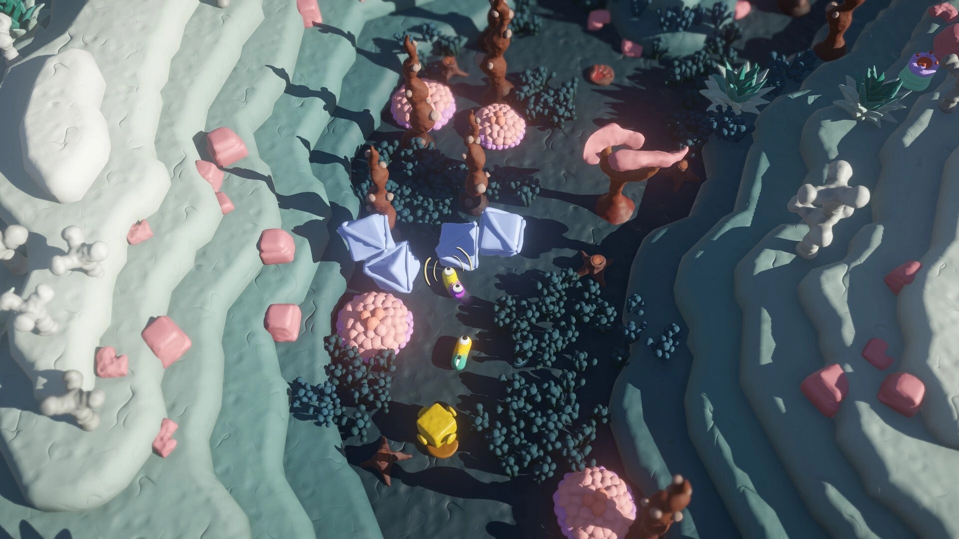 Mewts: Three colorful characters navigate a whimsical landscape with pink and brown trees and rocks.