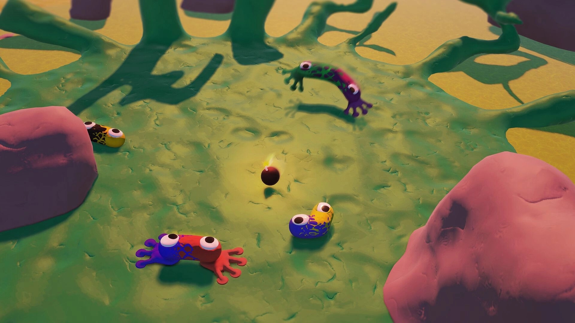 Mewts: Colorful creatures with large eyes gather around a lit bomb in a grassy, rocky arena.